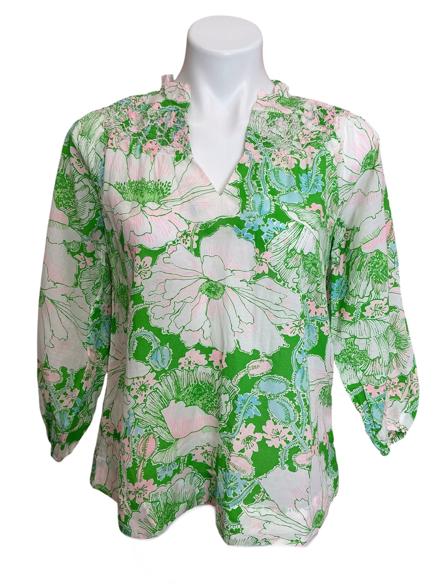 Lilly Pulitzer NWT Lourdes 3/4 Sleeve Cotton Top Putting Green Poppyland - Size XS