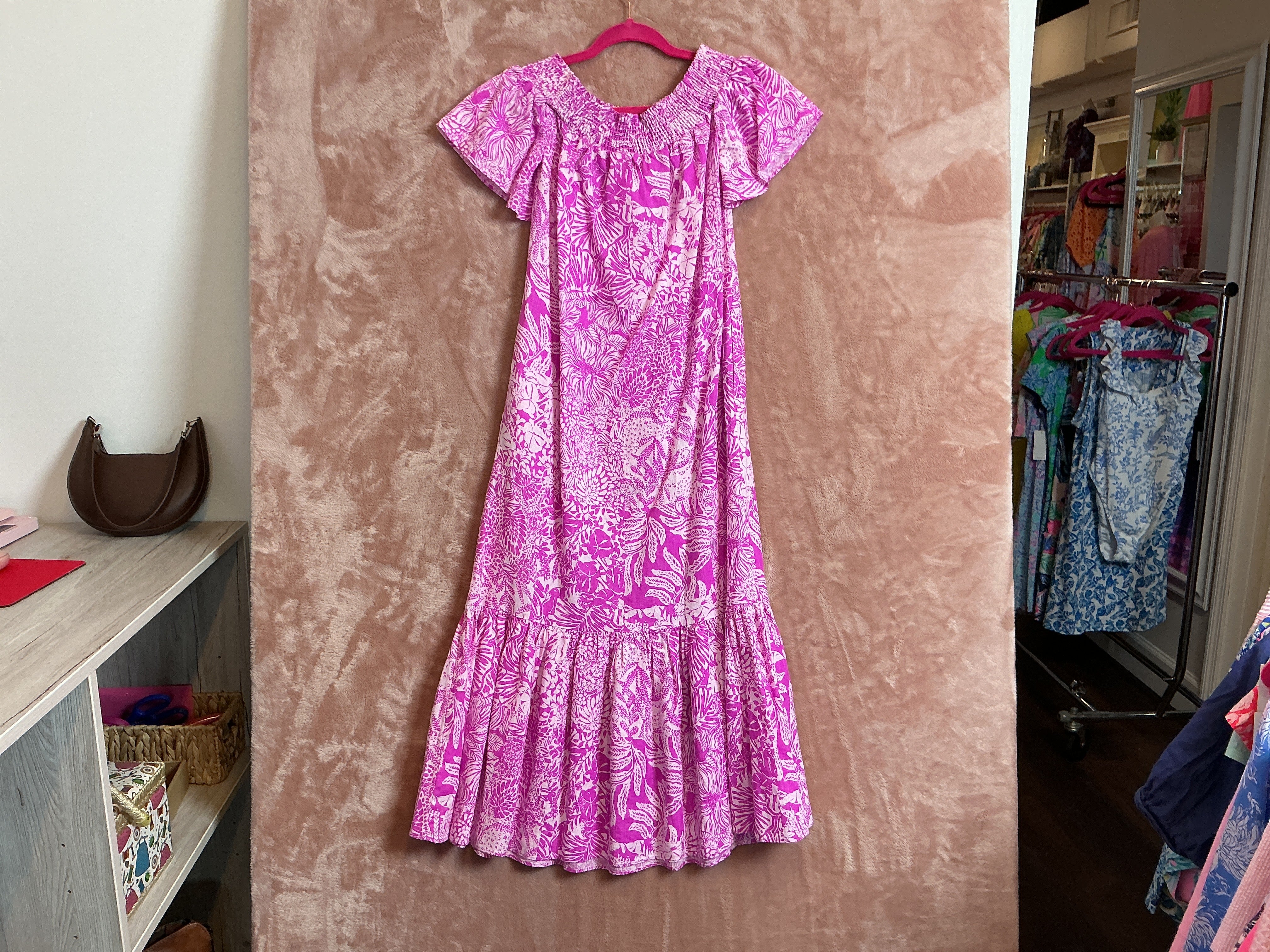 Lilly Pulitzer NWT Isbell Off The Shoulder Dress Wild Fuchsia Swipe Right -Size XS