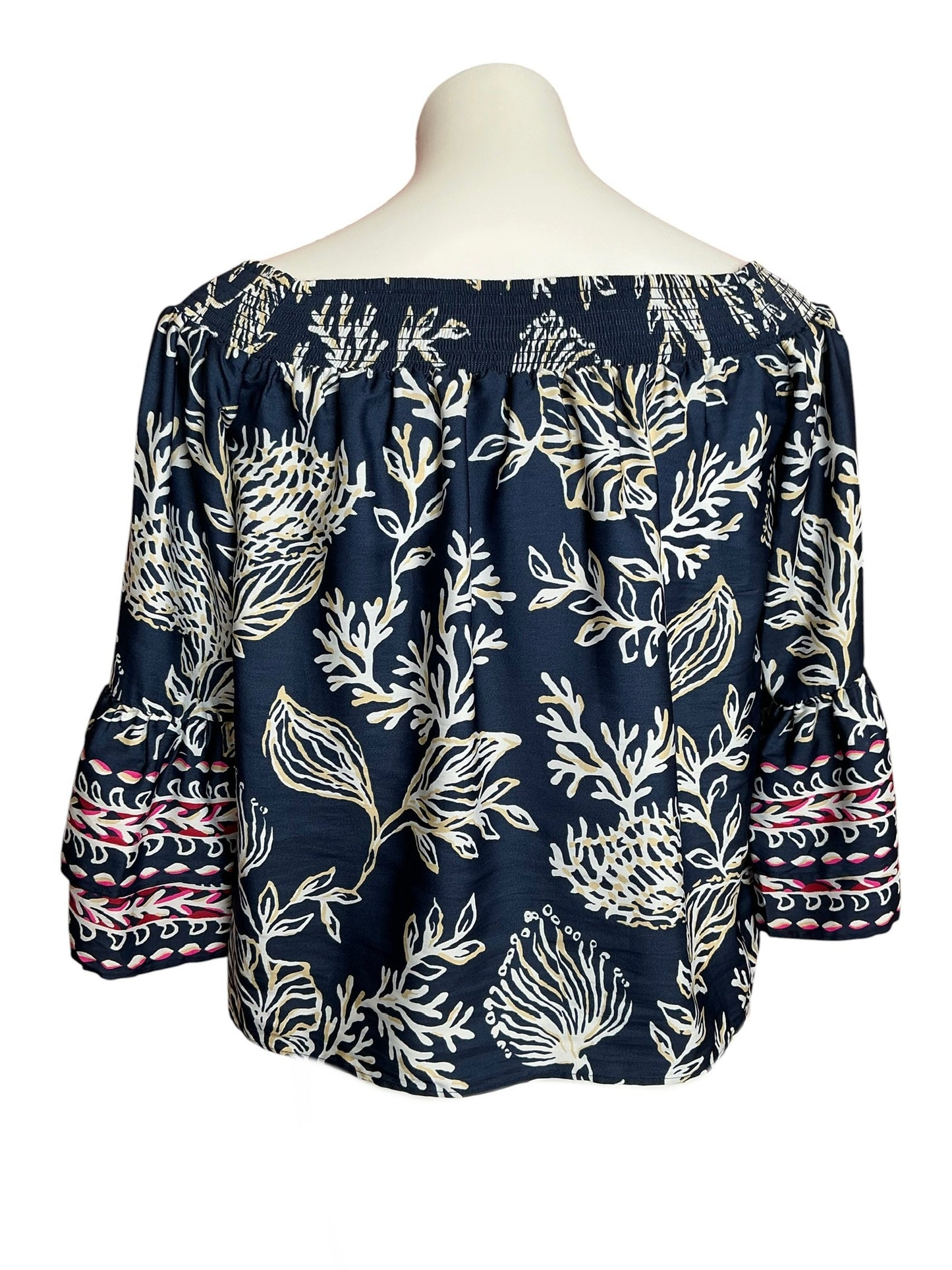 Lilly Pulitzer Kaori Off-The-Shoulder Top Low Tide Navy Coastal Locale - Size XS