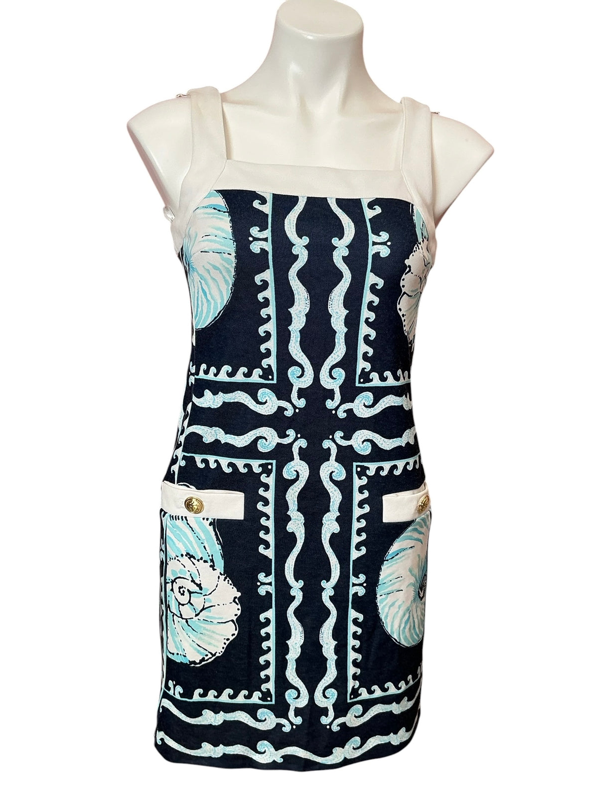 Lilly Pulitzer Duffy Shift Dress Low Tide Navy Shell Shine Engineered - Size 00