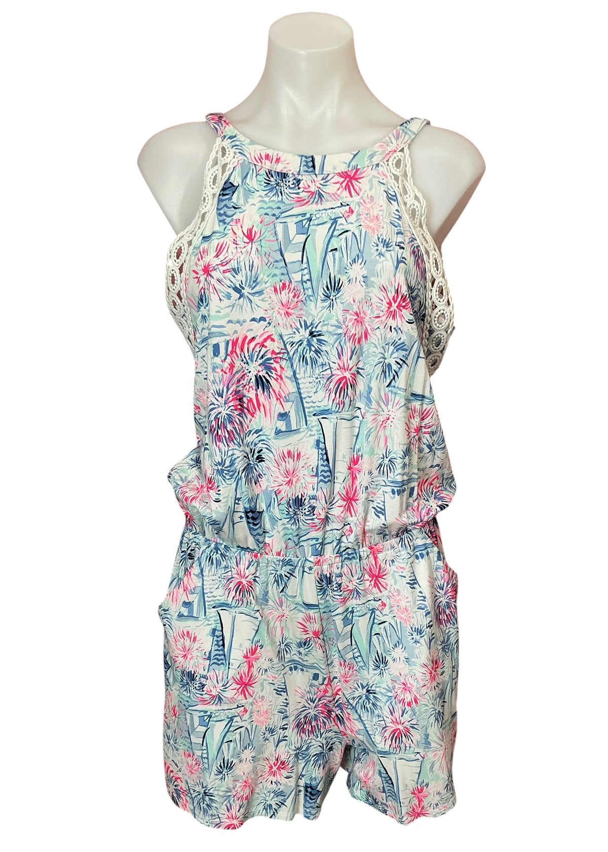 Lilly Pulitzer Lala Romper Crew Blue Tint Sea To Shining Sea - Size M