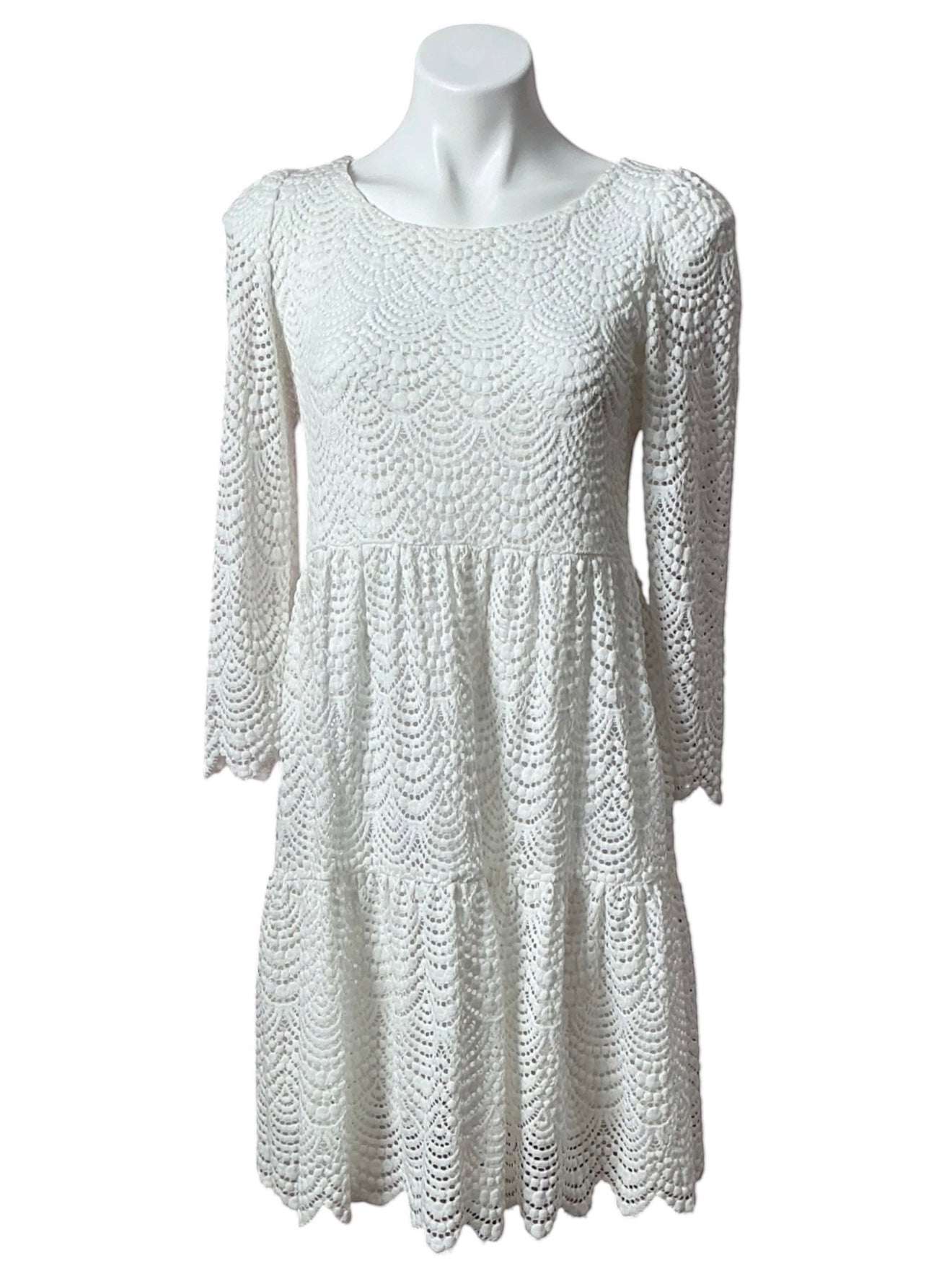 Lilly Pulitzer Geanna 3/4-Sleeve Swing Dress Resort White Scalloped Shell Lace - Size XS