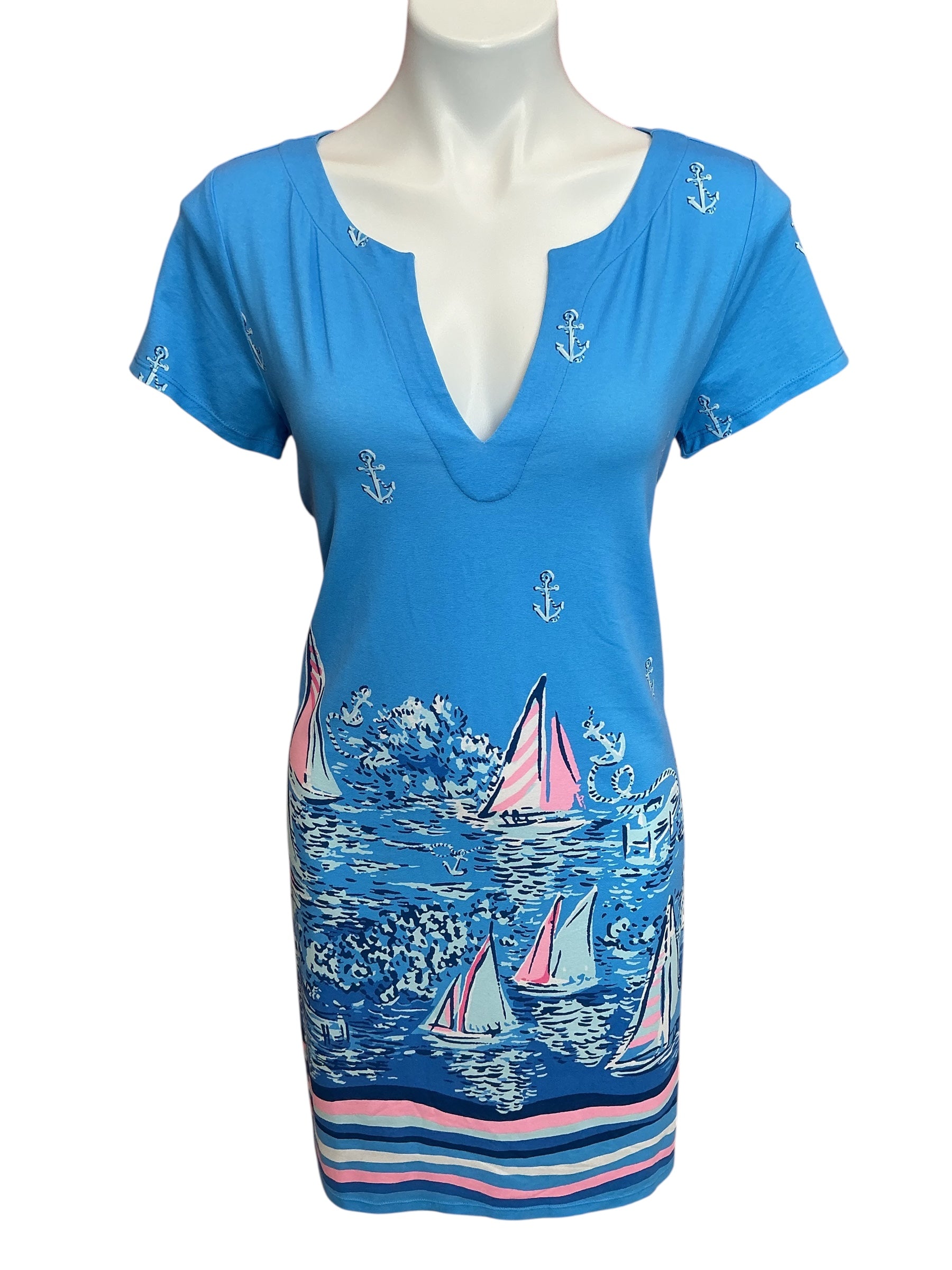 Lilly Pulitzer NWT UPF 50+ Sophiletta Short Sleeve Dress Lunar Blue A Lil Nauti Engineered - Size L