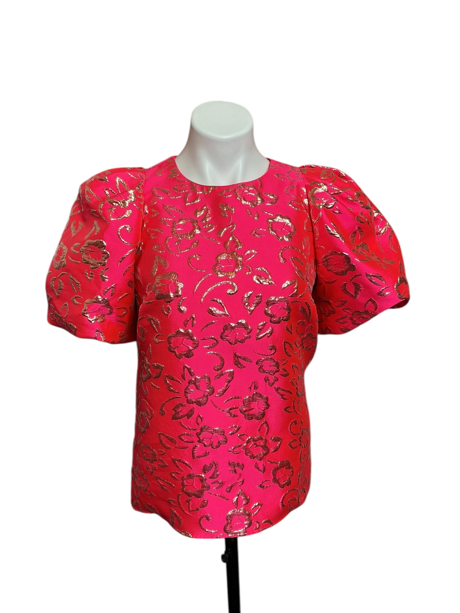 Lilly Pulitzer NWT Pratt Short Sleeve Floral Brocade Top Pink Grenadine Gold Puff Floral Brocade - Size S