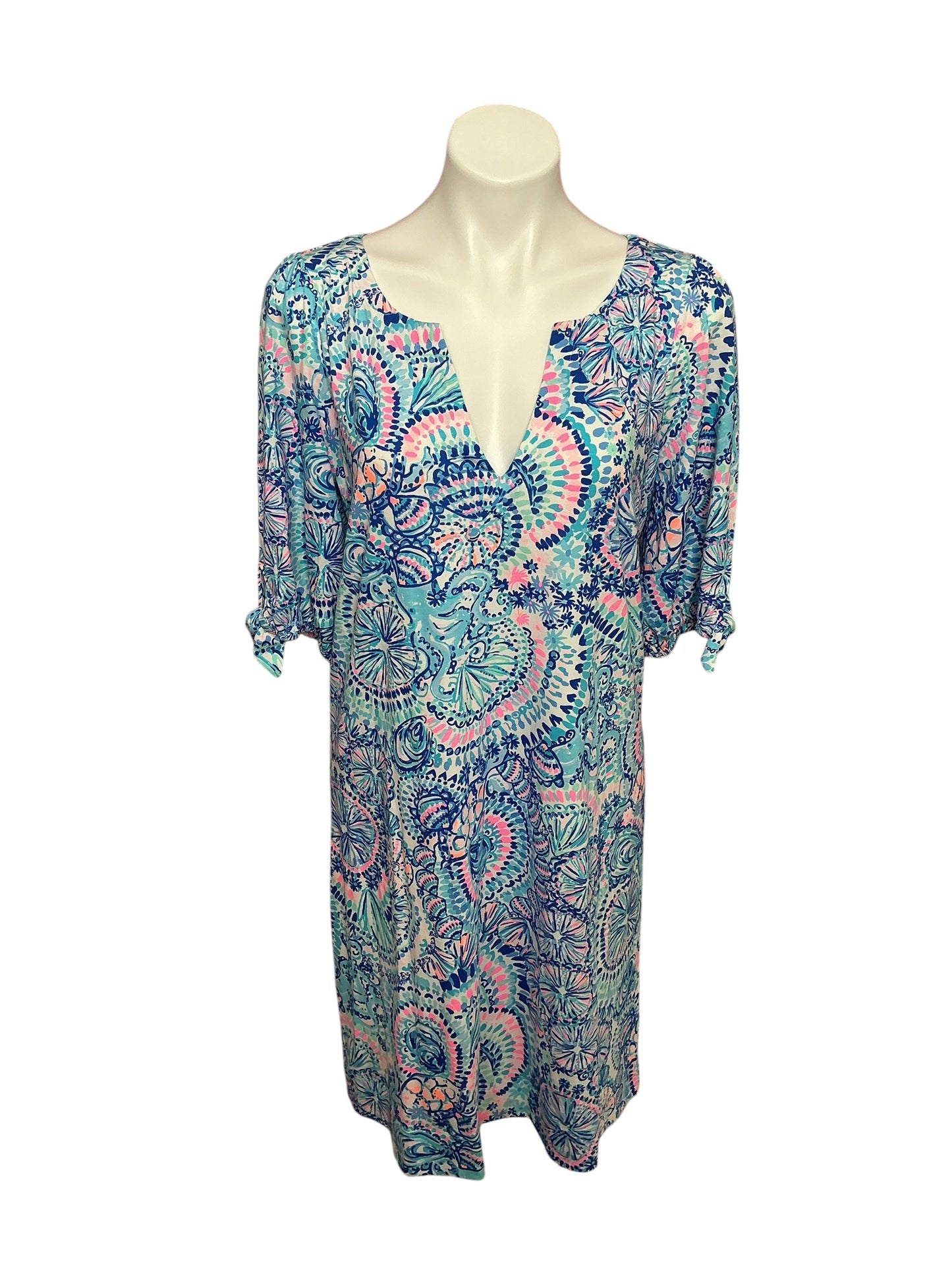 Lilly Pulitzer Easley Short Sleeve Dress Blue  Grotto Commotion in the Ocean - Size L