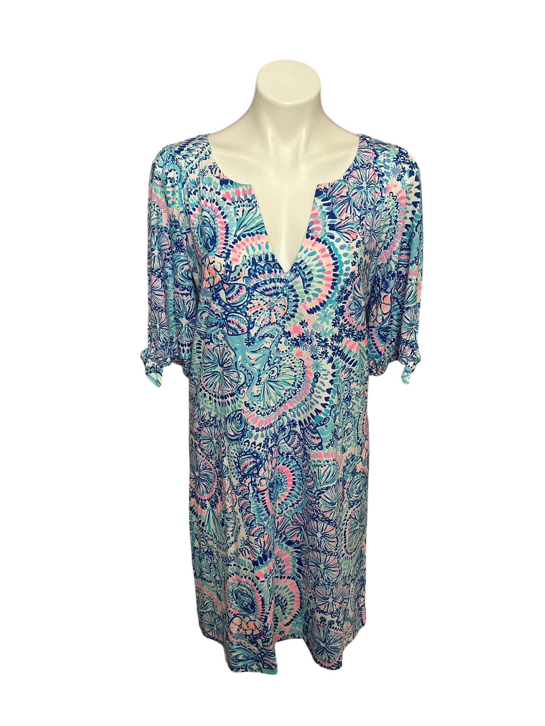 Lilly Pulitzer Easley Short Sleeve Dress Blue  Grotto Commotion in the Ocean - Size L