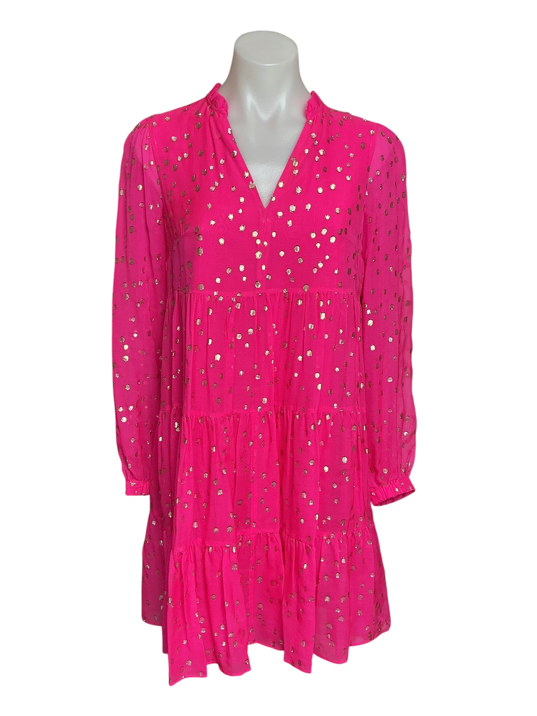 Lilly Pulitzer Sarita Silk Dress - Pink Topaz Gold Metallic Silk Clip - Size 0