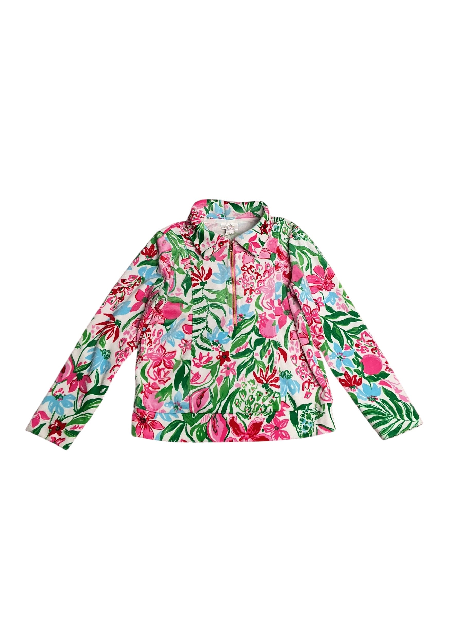 Lilly Pulitzer- Girls Mini Eleni Velour Pullover Multi Glowing Gardens Size L(8-10)