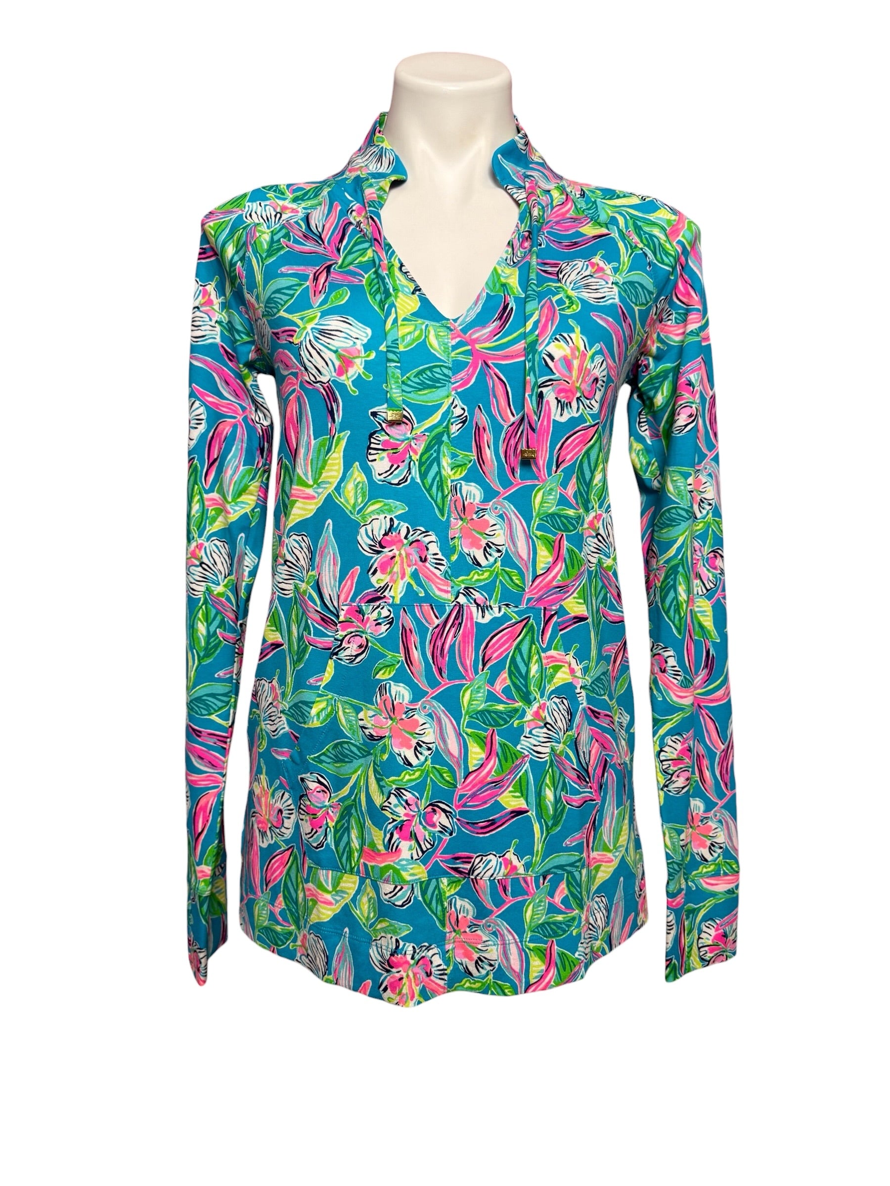 Lilly Pulitzer NWT Cassi UPF 50+ Popover Formentera Turquoise, Keep On Beleafing Size S