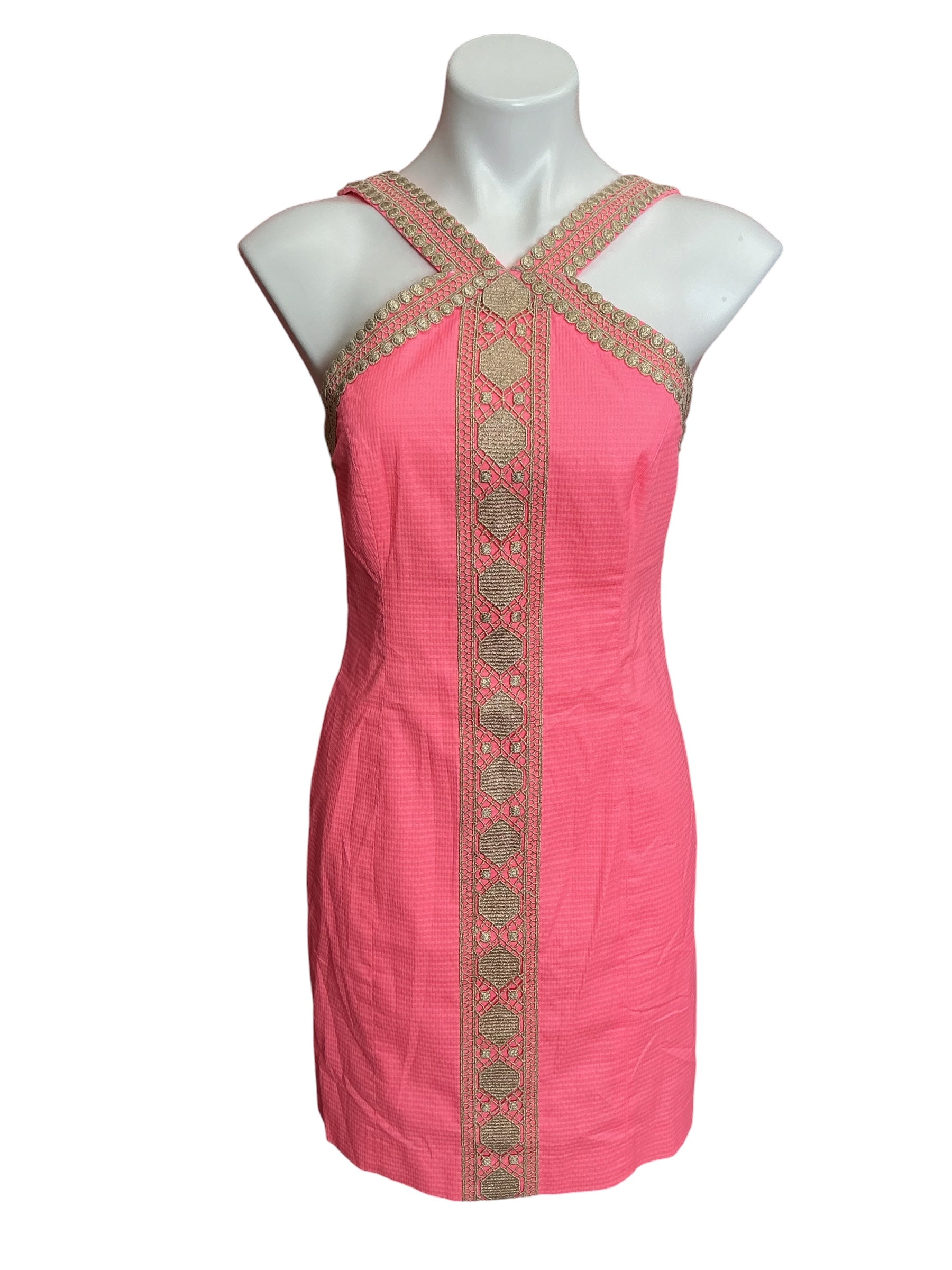 Lilly Pulitzer Vena Stretch Shift Dress Capri Coral Gold Lilly Lace Trim - Size 4