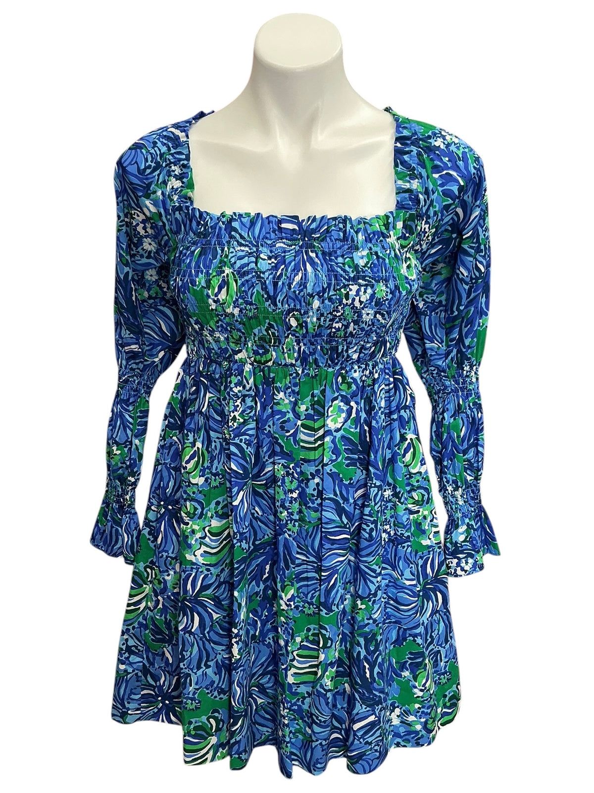 Lilly Pulitzer Beyonca Long Sleeve Smocked Dress Abaco Blue In Turtle Awe - Size S