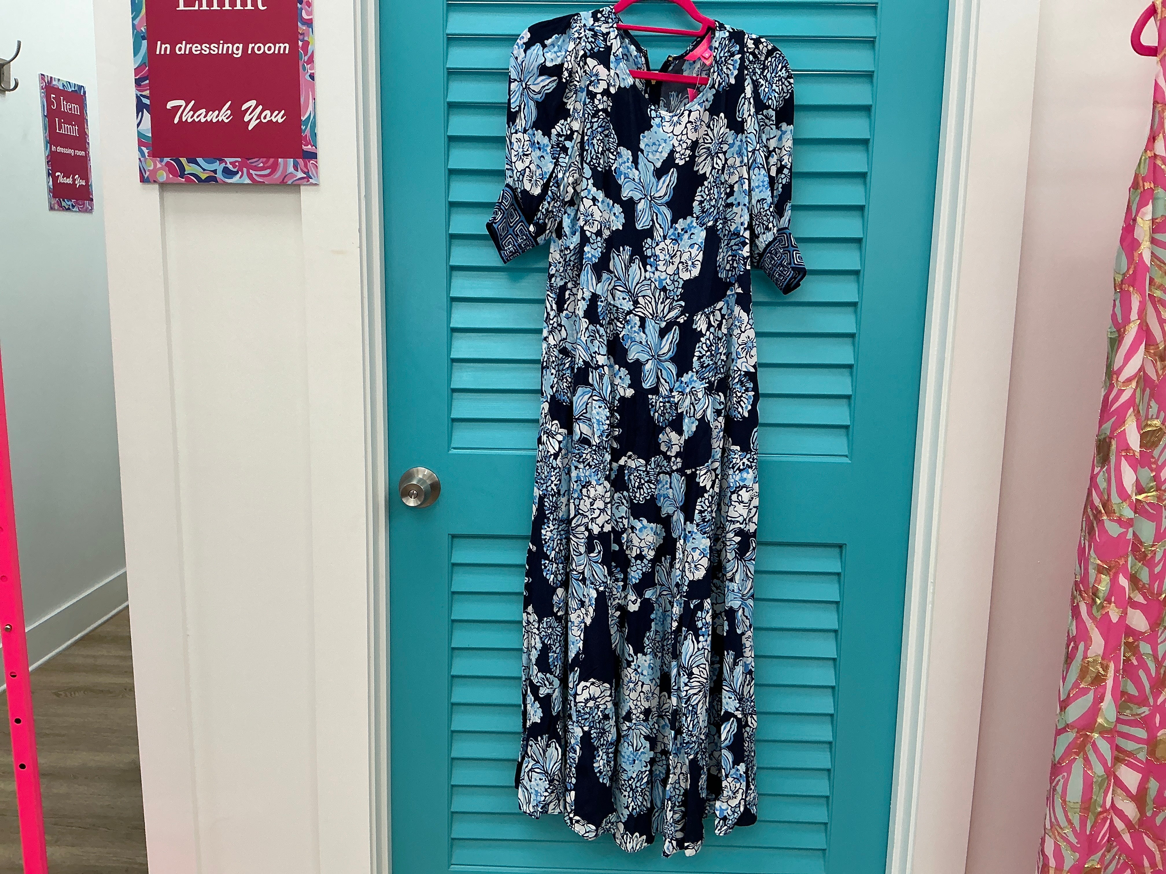 Lilly Pulitzer NWT Amelia Elbow Sleeve Midi Dress Low Tide Navy Bouquet All Day Engineered Woven Dress - Size 8