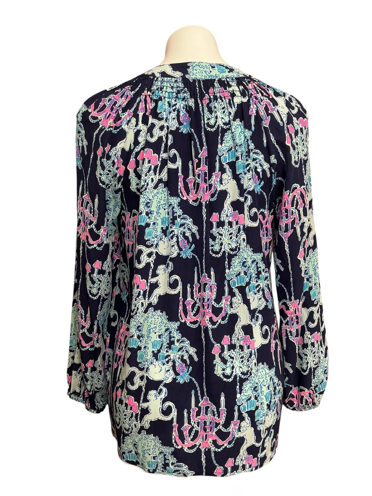Lilly Pulitzer Elsa Silk Top Bright Navy Pop Up Monkey Trouble - Size S