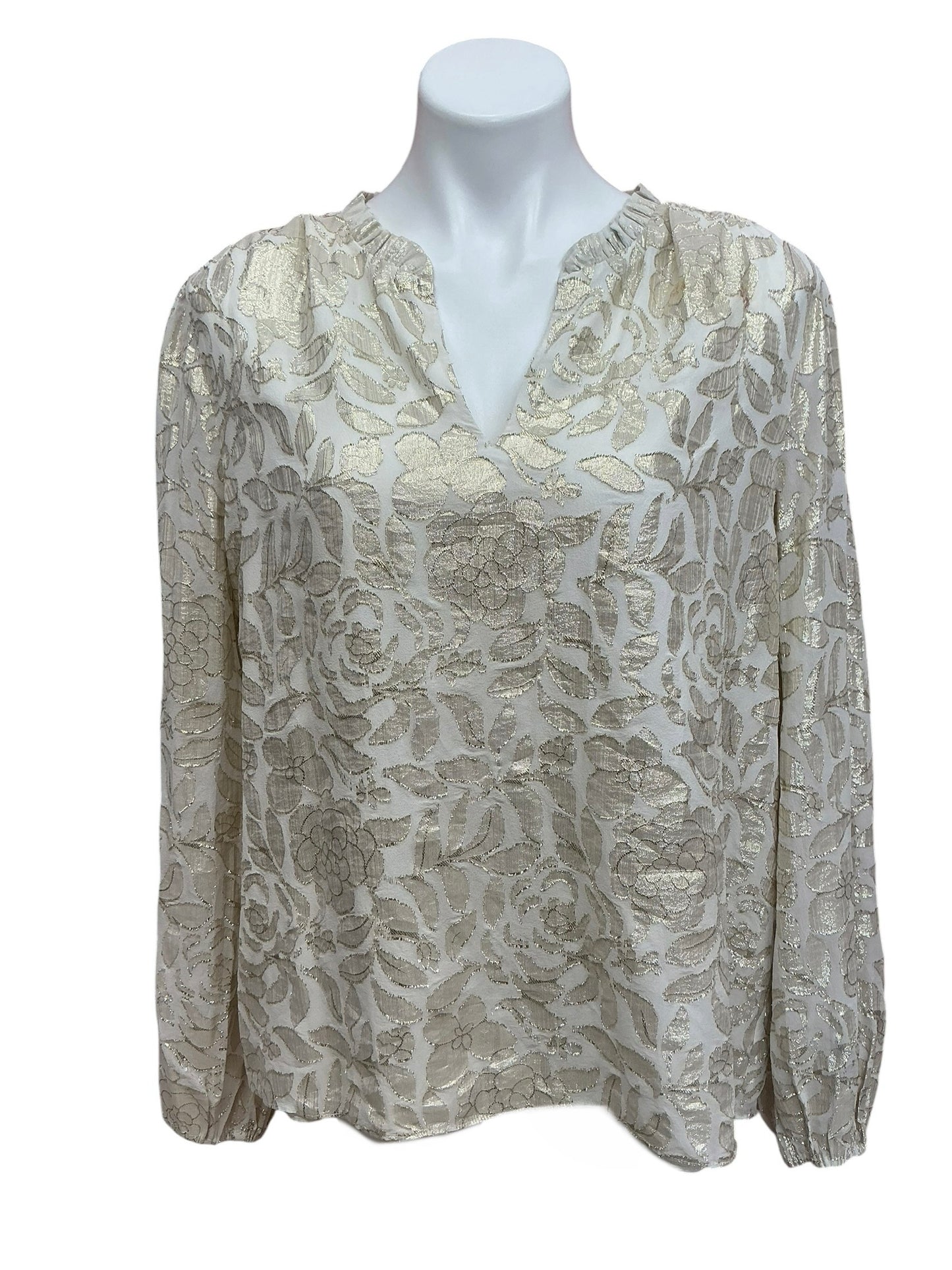 Lilly Pulitzer Giana Long Sleeve Silk Top Coconut Floral Bloom Metallic Silk Clip - Size XL