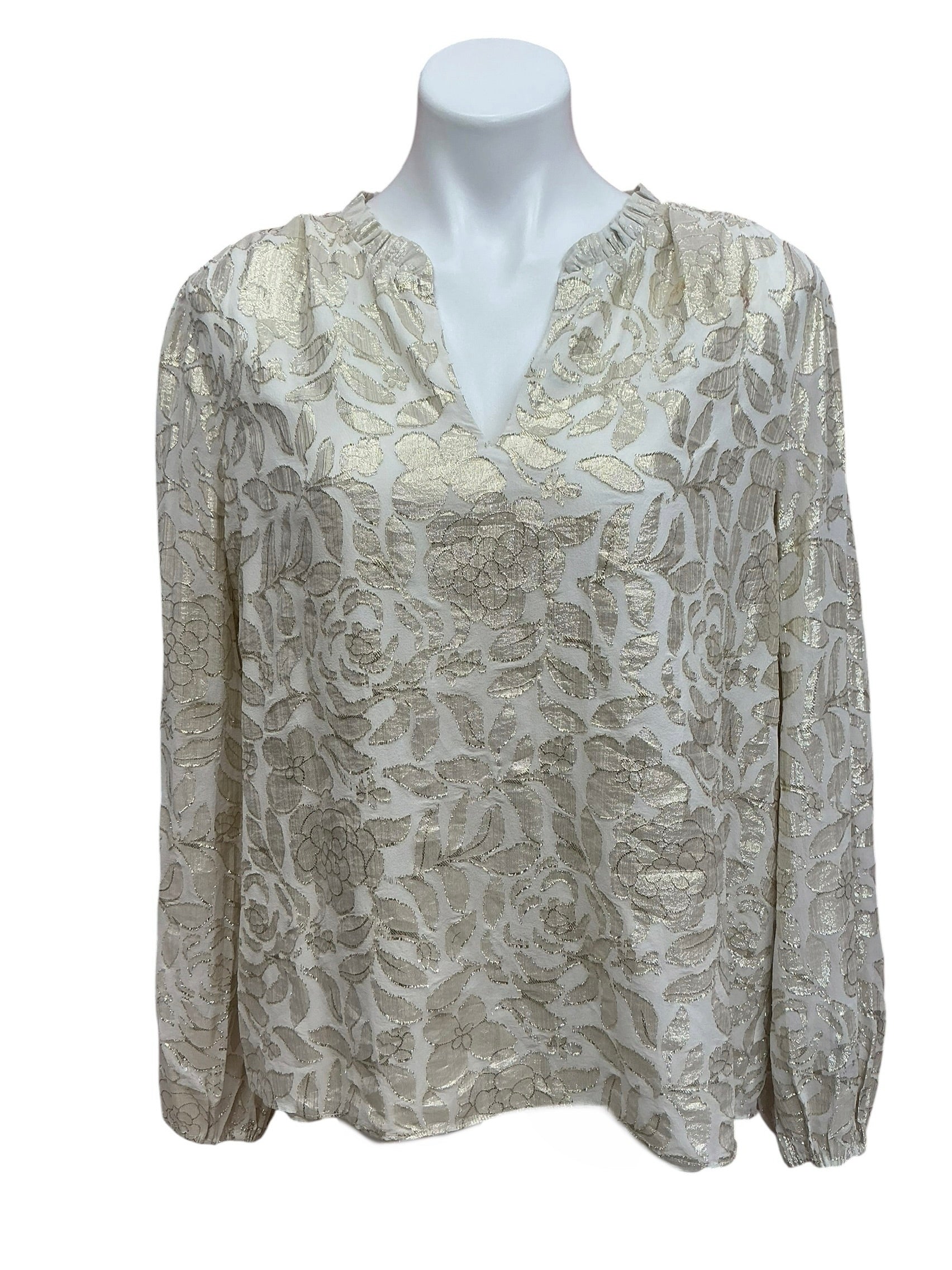 Lilly Pulitzer Giana Long Sleeve Silk Top Coconut Floral Bloom Metallic Silk Clip - Size XL