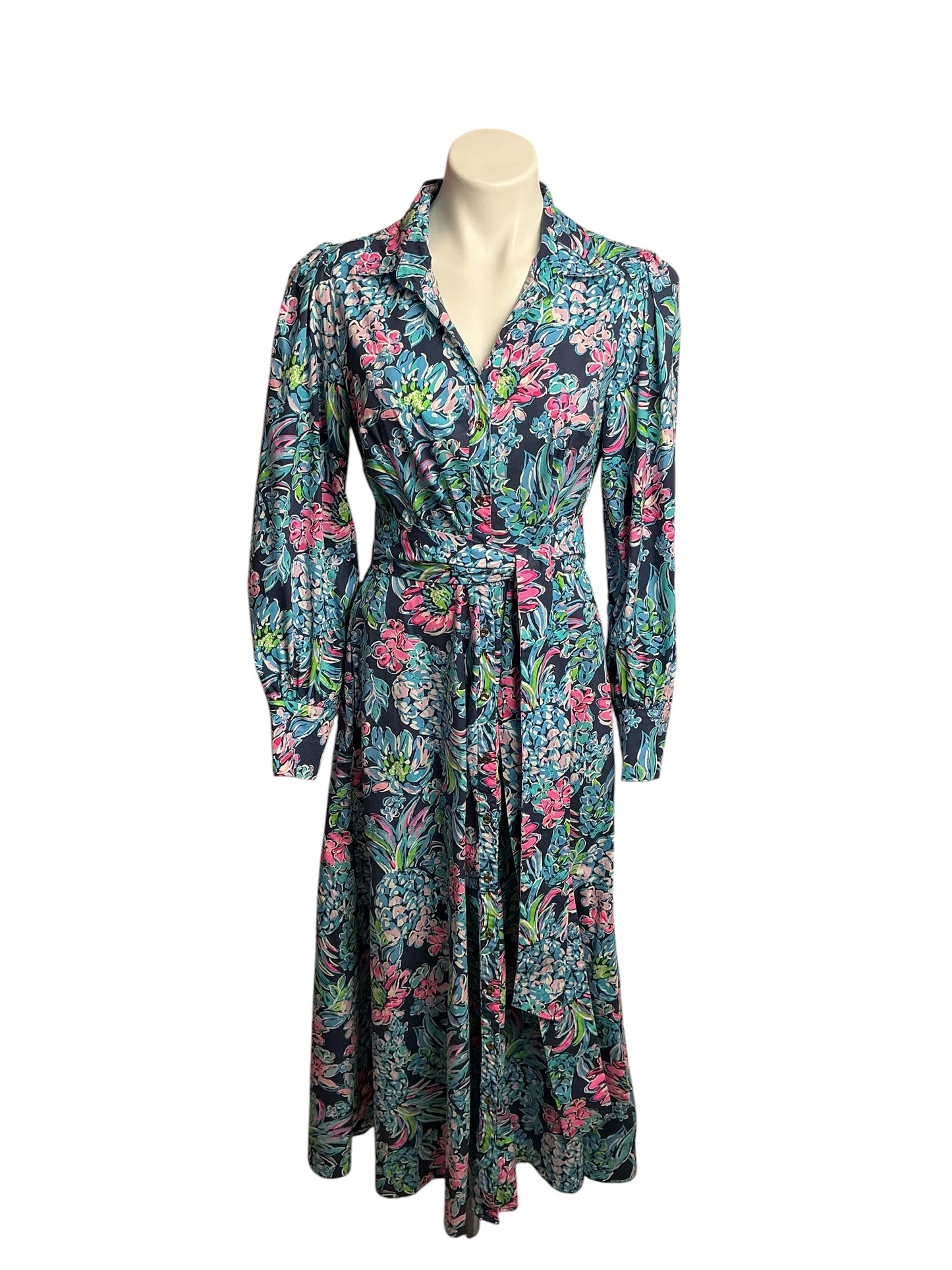 Lilly Pulitzer- Mira Stretch Midi Shirtdress High Tide Navy Pineapple Paradise Size 8