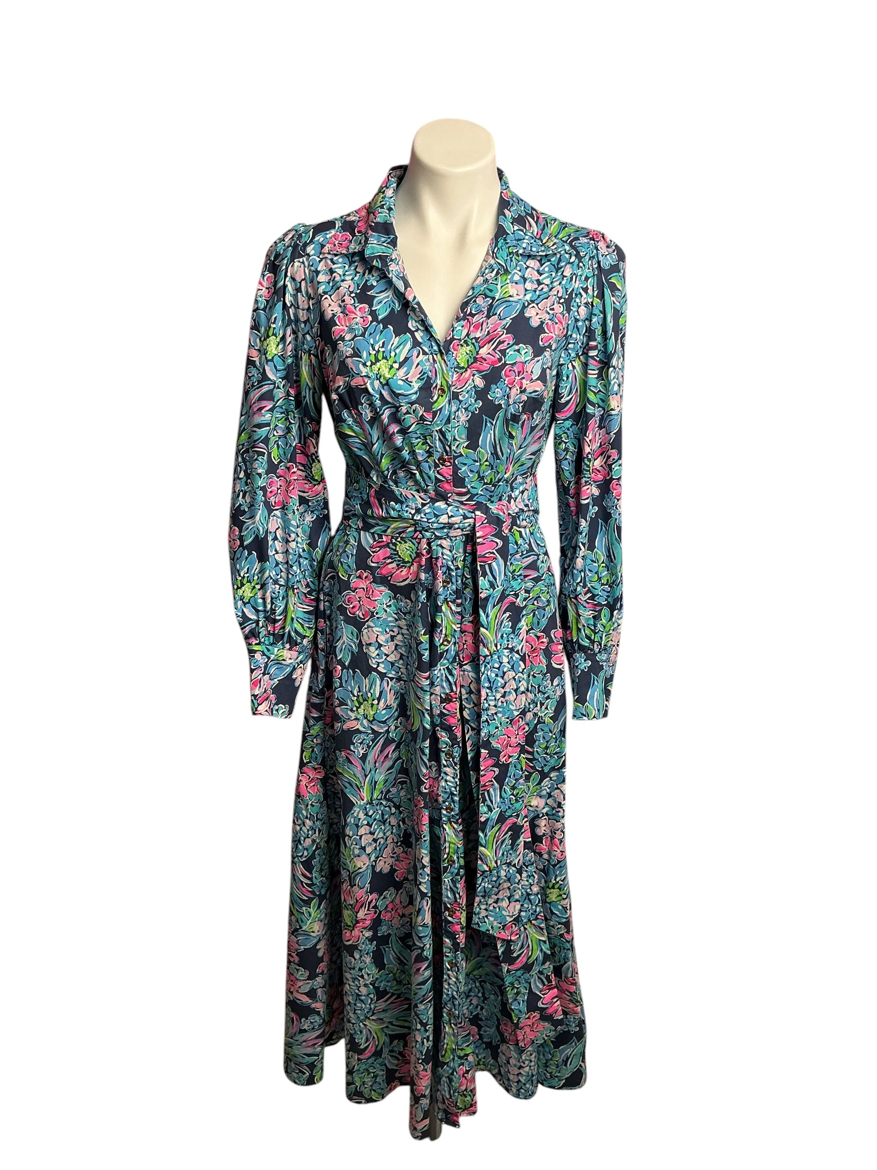 Lilly Pulitzer- Mira Stretch Midi Shirtdress High Tide Navy Pineapple Paradise Size 8