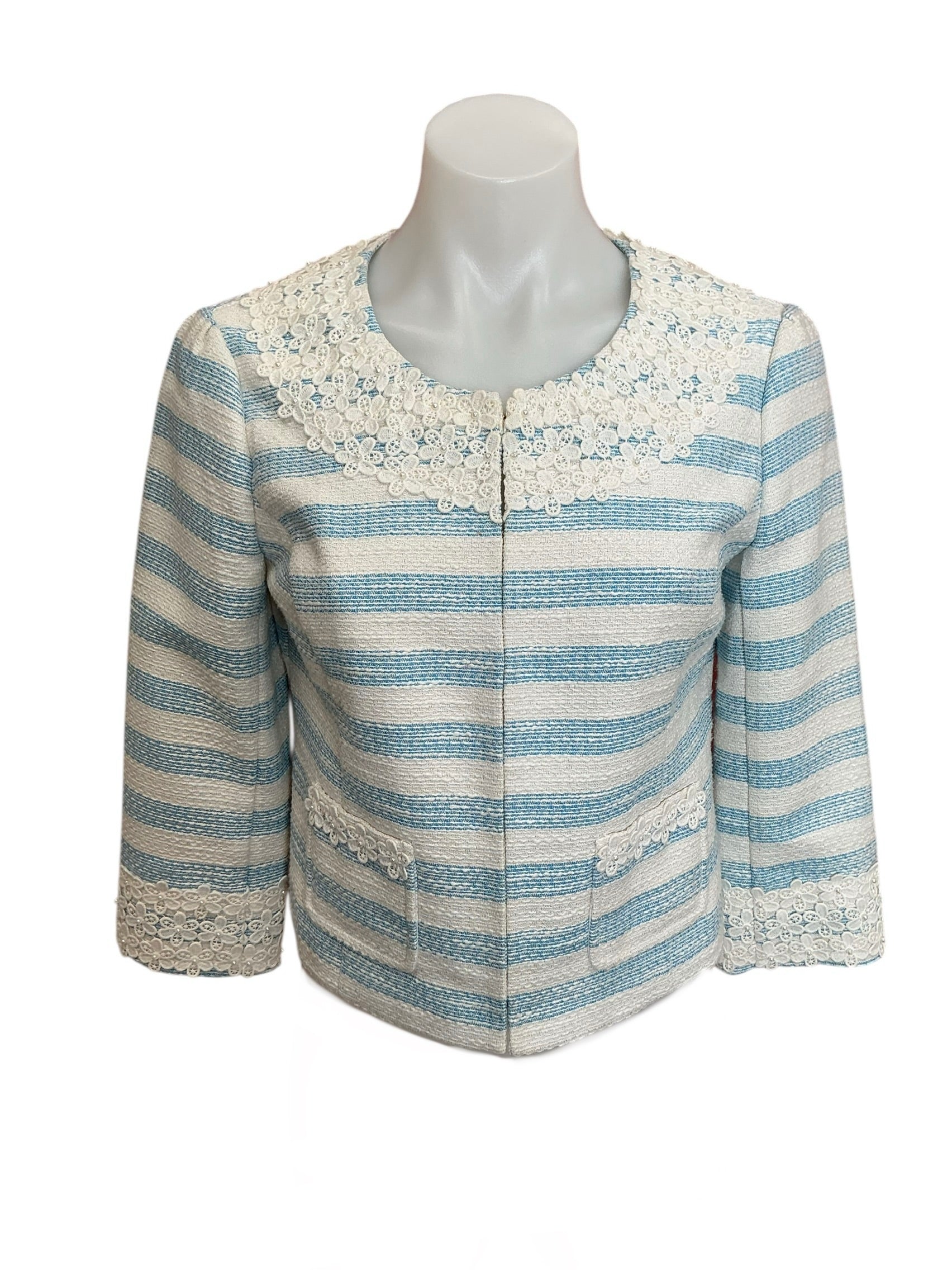 Lilly Pulitzer Nellen Cropped Jacket Flutter Blue Lurex Boucle Stripe - Size 2