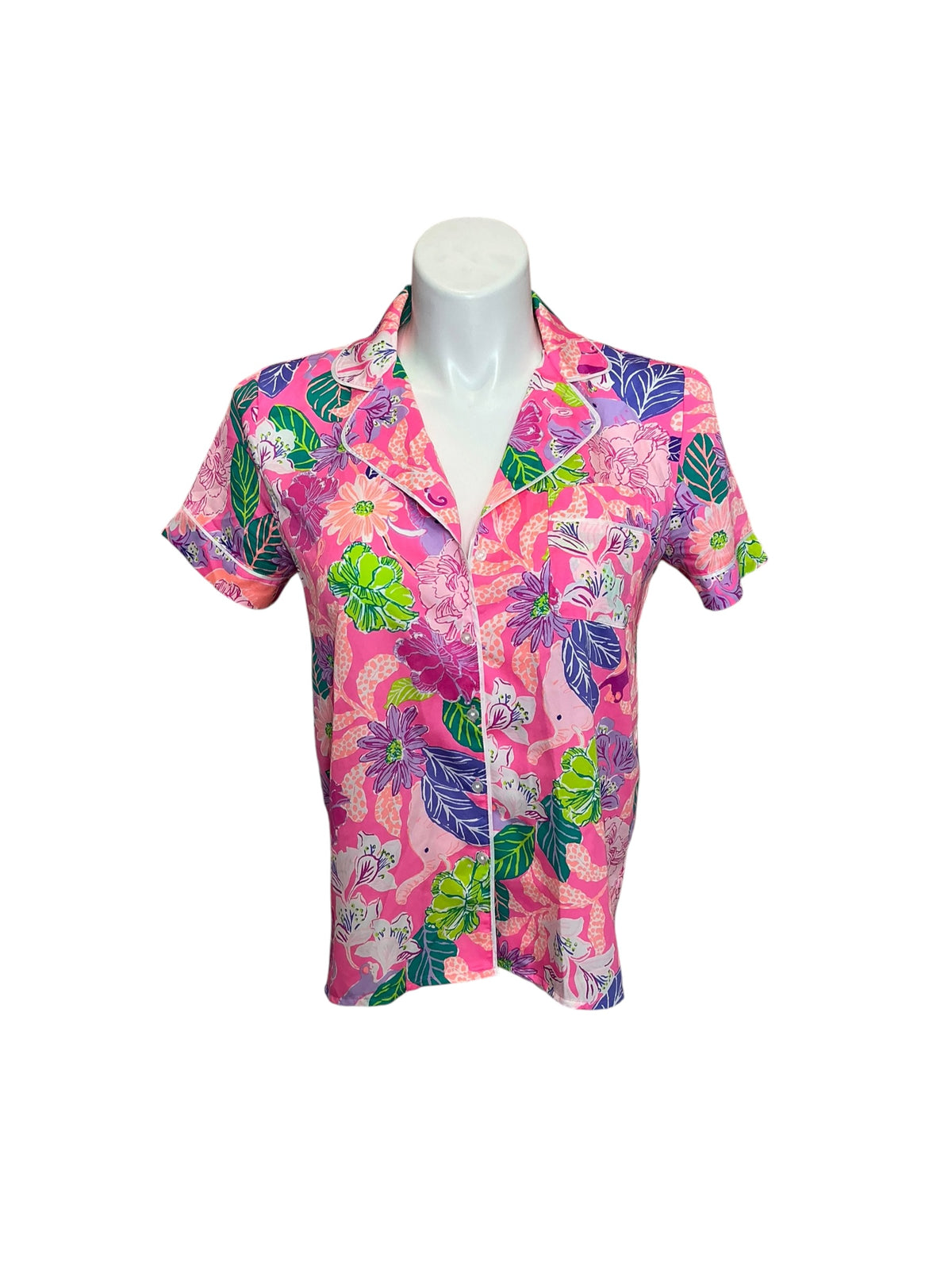 Lilly Pulitzer Teagan PJ Woven Short Sleeve Top Pink Isle Best of Friends - Size S
