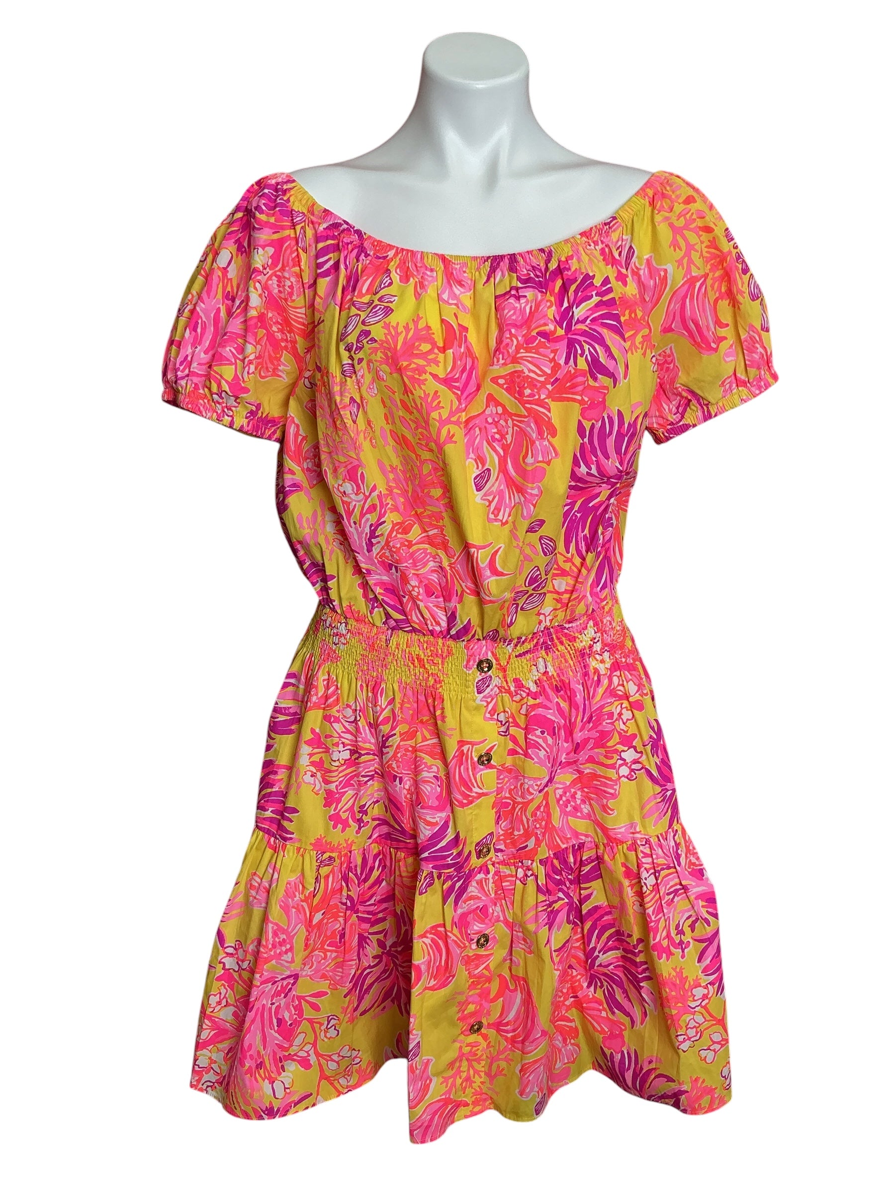 Lilly Pulitzer Jesiba Off-The-Shoulder Romper Calla Yellow Floral Coral - Size XL