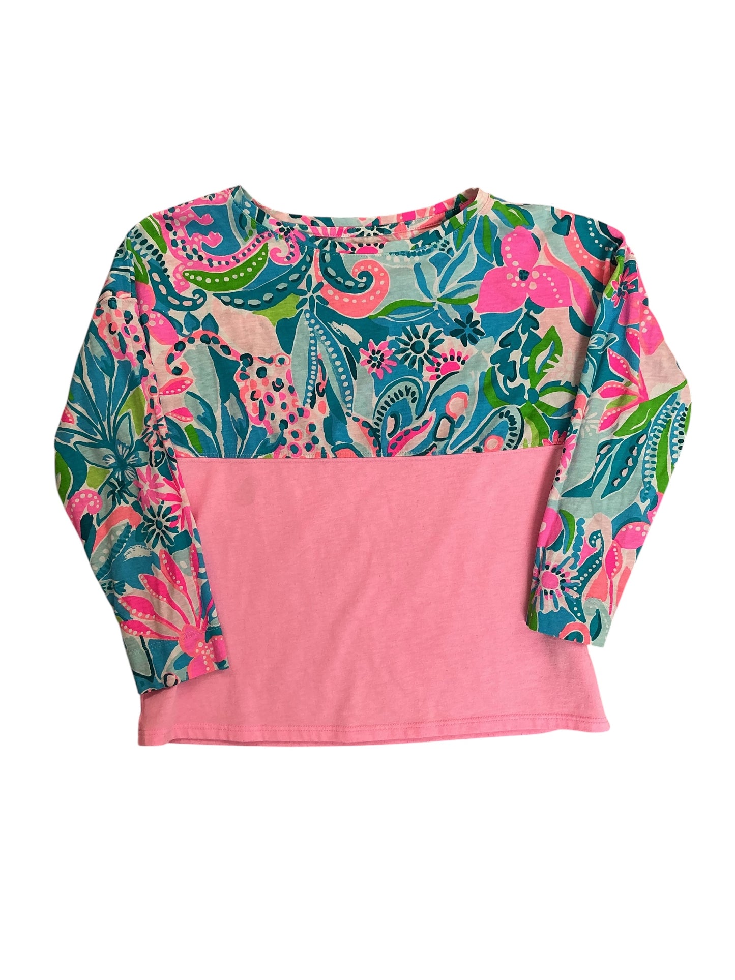 Lilly Pulitzer Girls Kids Finn Top Turquoise Oasis Golden Hour Plumeria Pink - Size M (6-7)