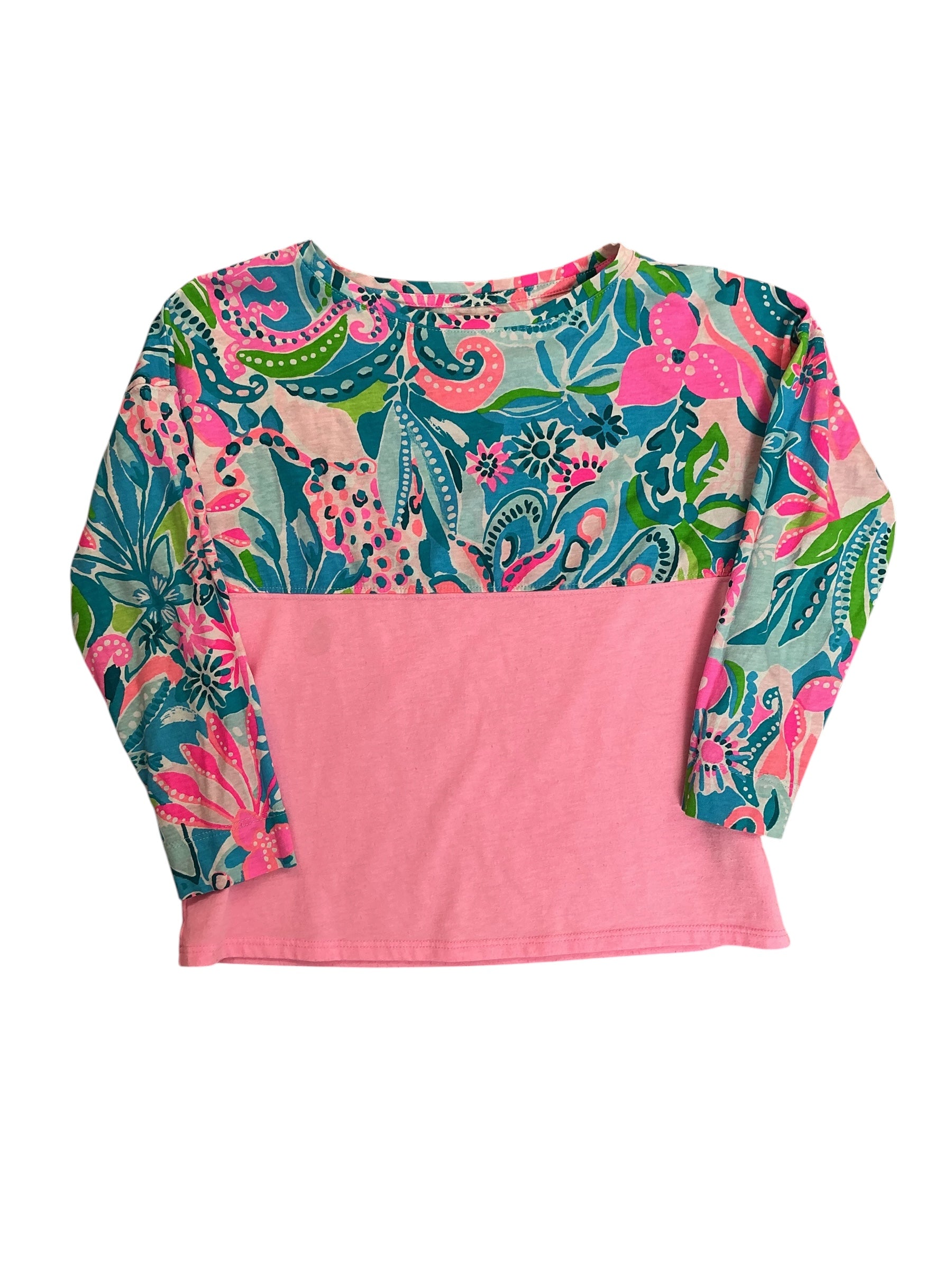 Lilly Pulitzer Girls Kids Finn Top Turquoise Oasis Golden Hour Plumeria Pink - Size M (6-7)