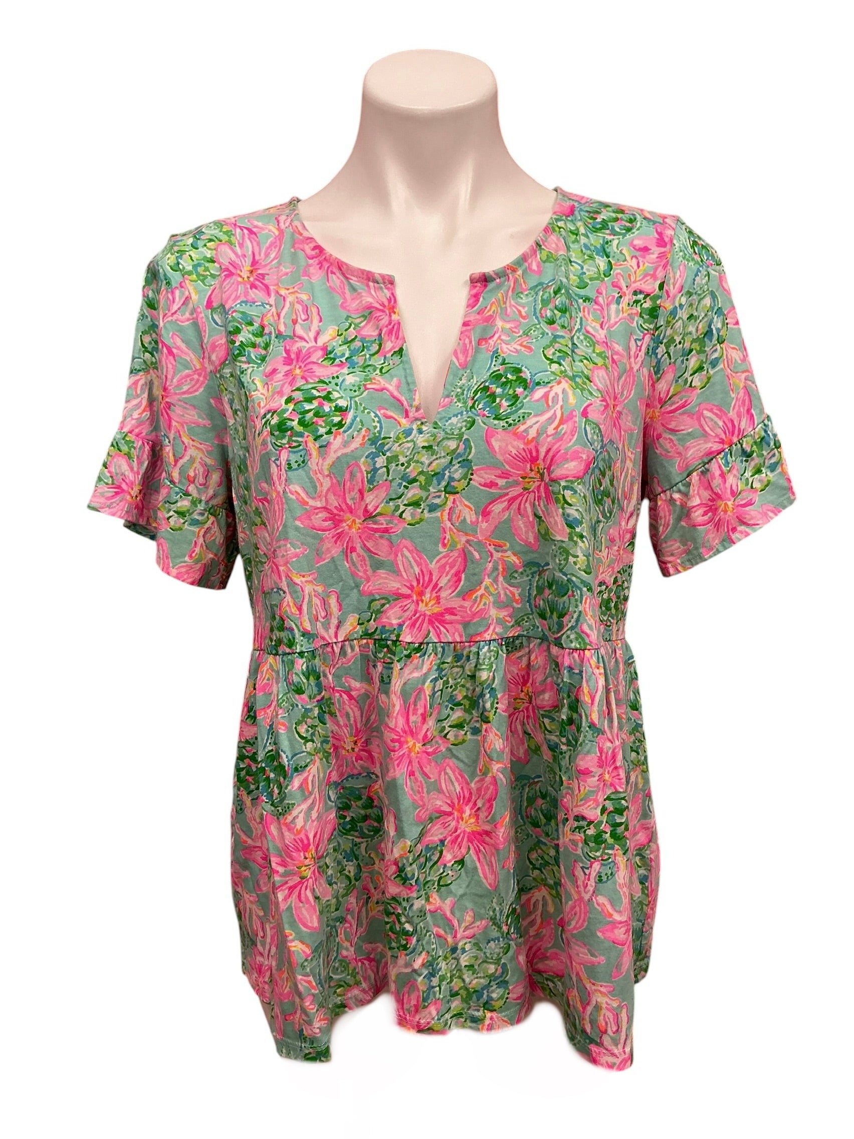 Lilly Pulitzer Jodee Ruffle Sleeve Swing Top Syrf Blue So Shellegant - Size L