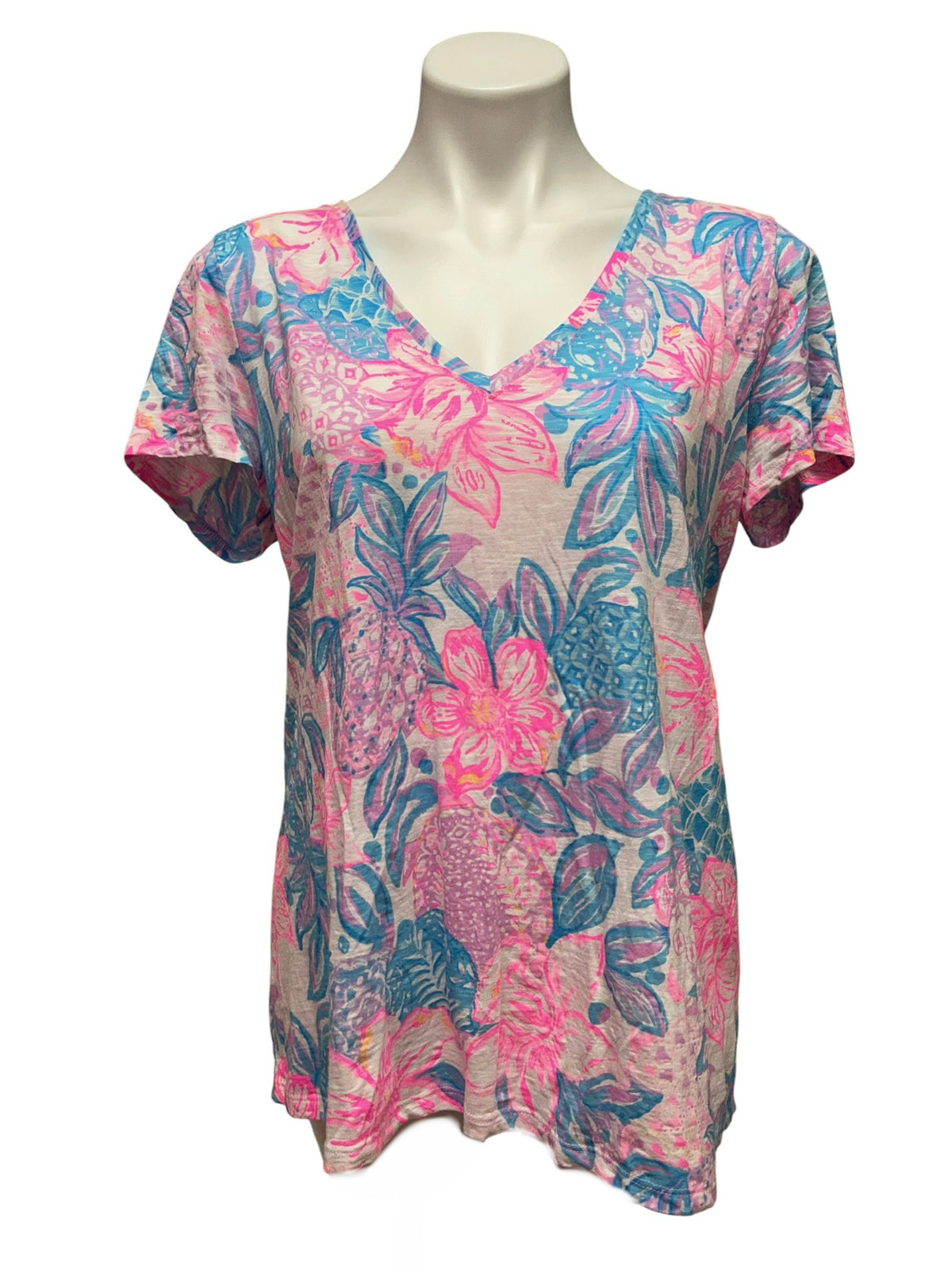 Lilly Pulitzer Etta V Neck Top Pink Isle Snappy Turtle - Size L