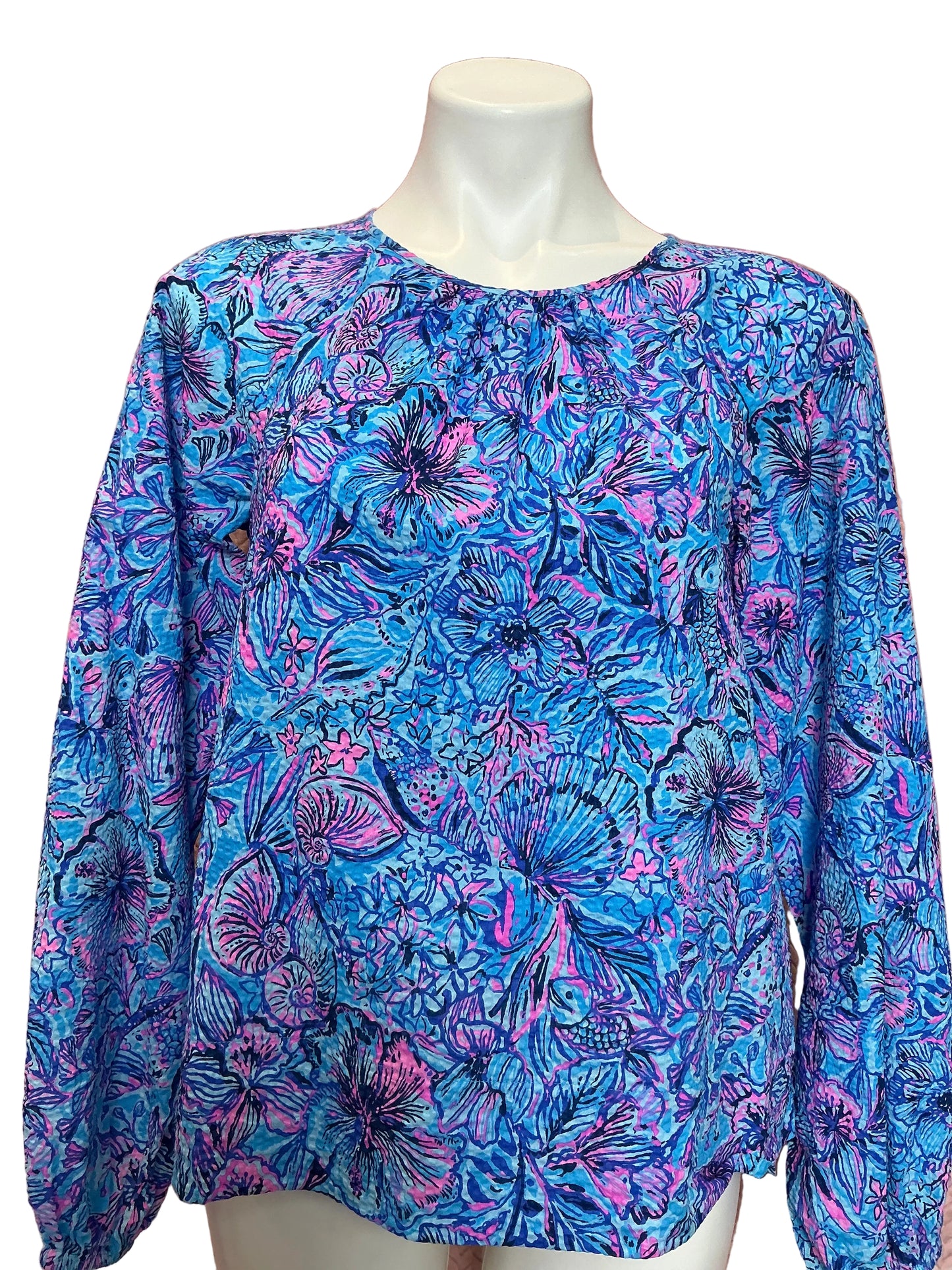 Lilly Pulitzer  Rilynn Long Sleeve Cotton Top Breakwater Blue shells And Bells - Size Small