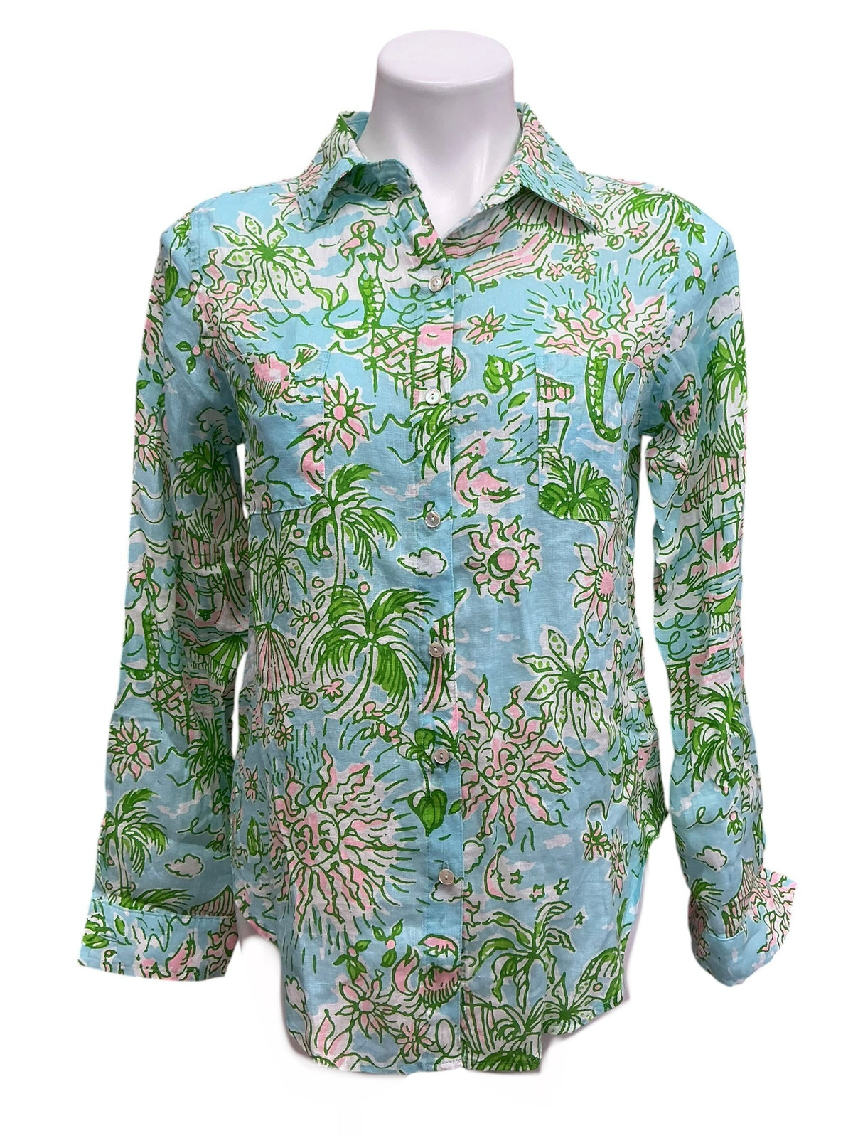 Lilly Pulitzer NWT Sea View Button Down Top Fresh Water Blue Sunbathers Bliss - Size XS