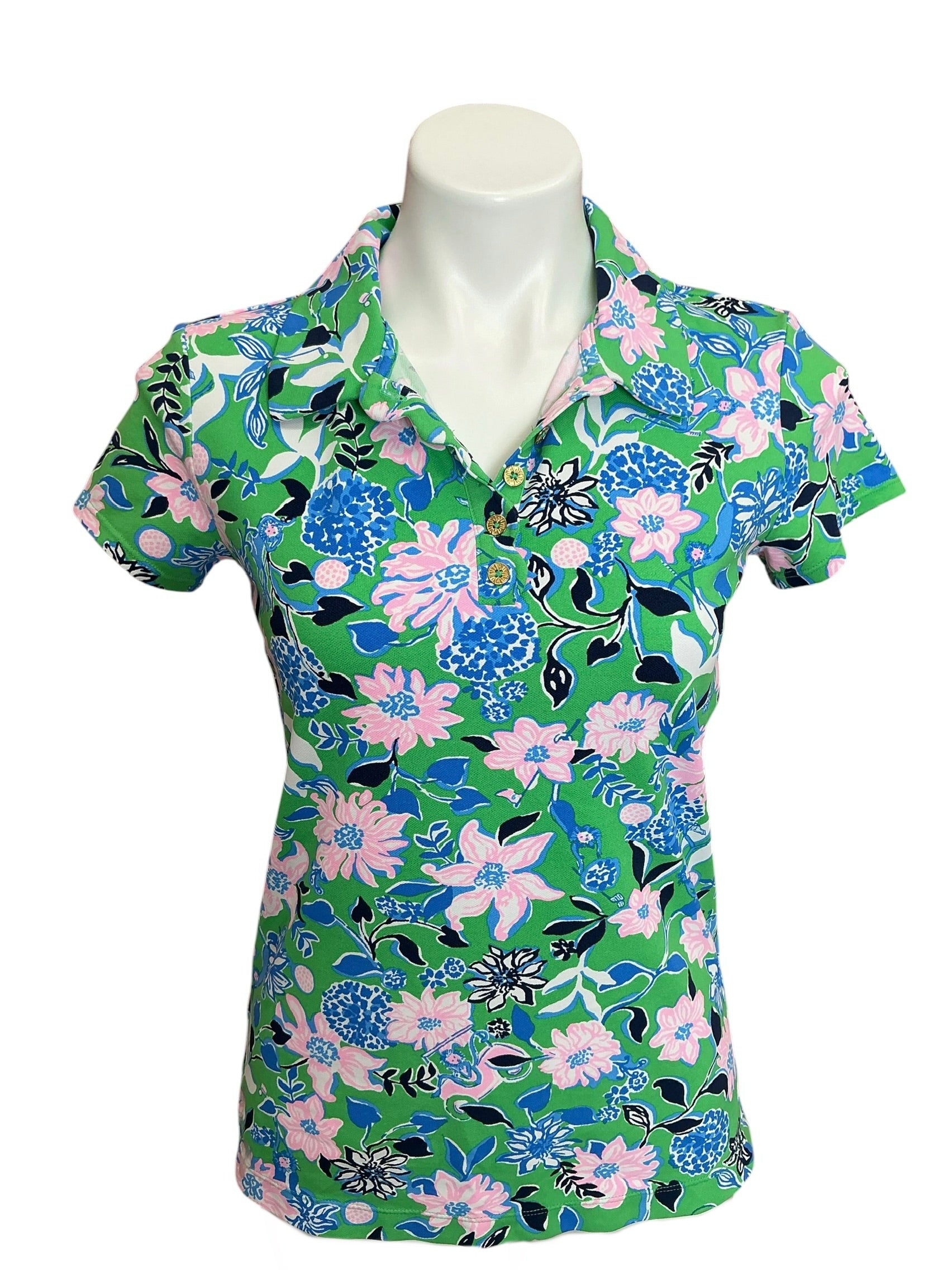 Lilly Pulitzer Luxletic UPF 50+ Frida Scallop Polo Top Spearmint Golf Till You Drop - Size S