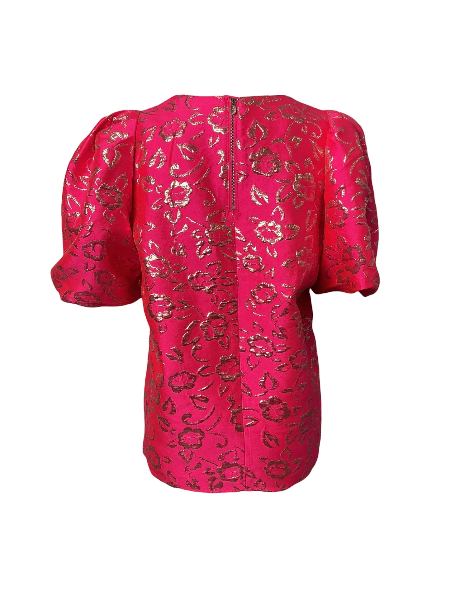 Lilly Pulitzer NWT Pratt Short Sleeve Brocade Top Pink Grenadine Gold Puff Floral - Size XL