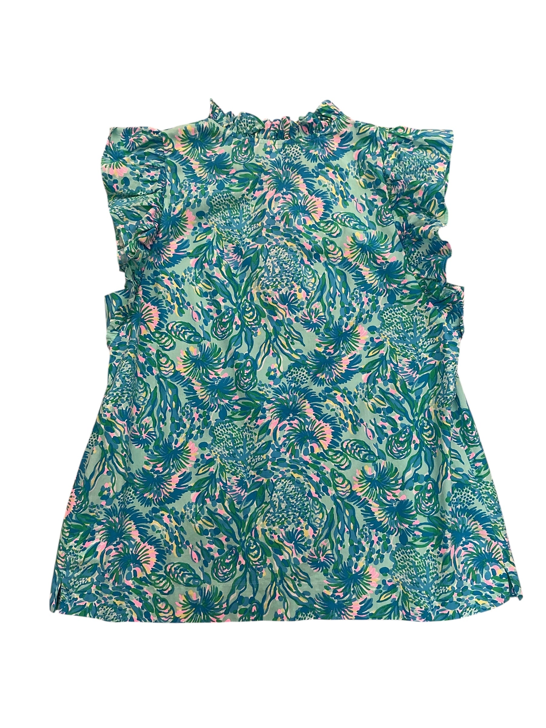 Lilly Pulitzer NWT Klaudie Ruffle Sleeve Top Surf Blue Coral Of The Story - Size M