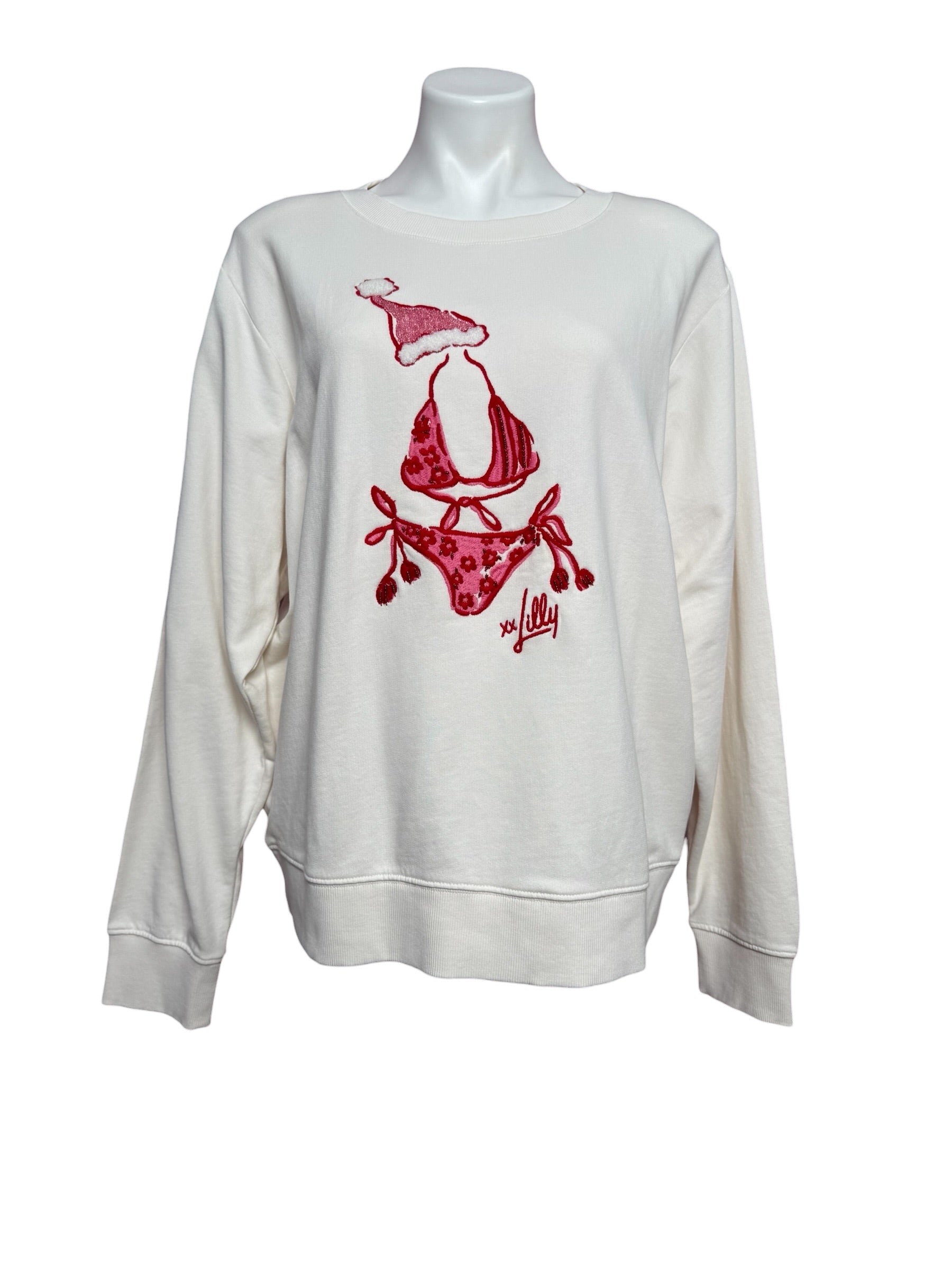 Lilly Pulitzer NWT Ballad Long Sleeve Sweatshirt, Coconut Festive Frocks Embellished Size L