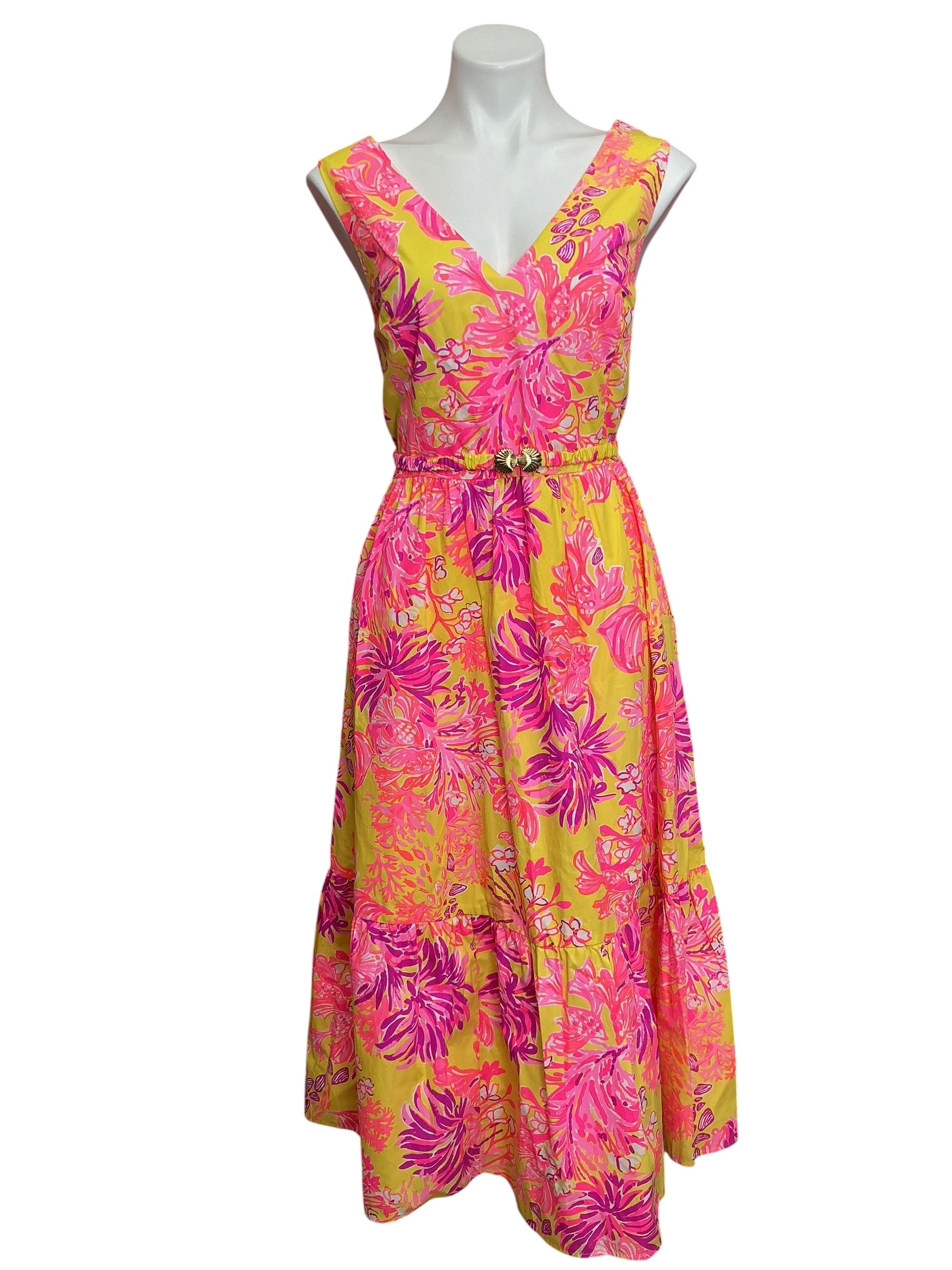 Lilly Pulitzer Bri V Neck Cotton Midi Dress Calla Yellow Floral Coral - Size 16