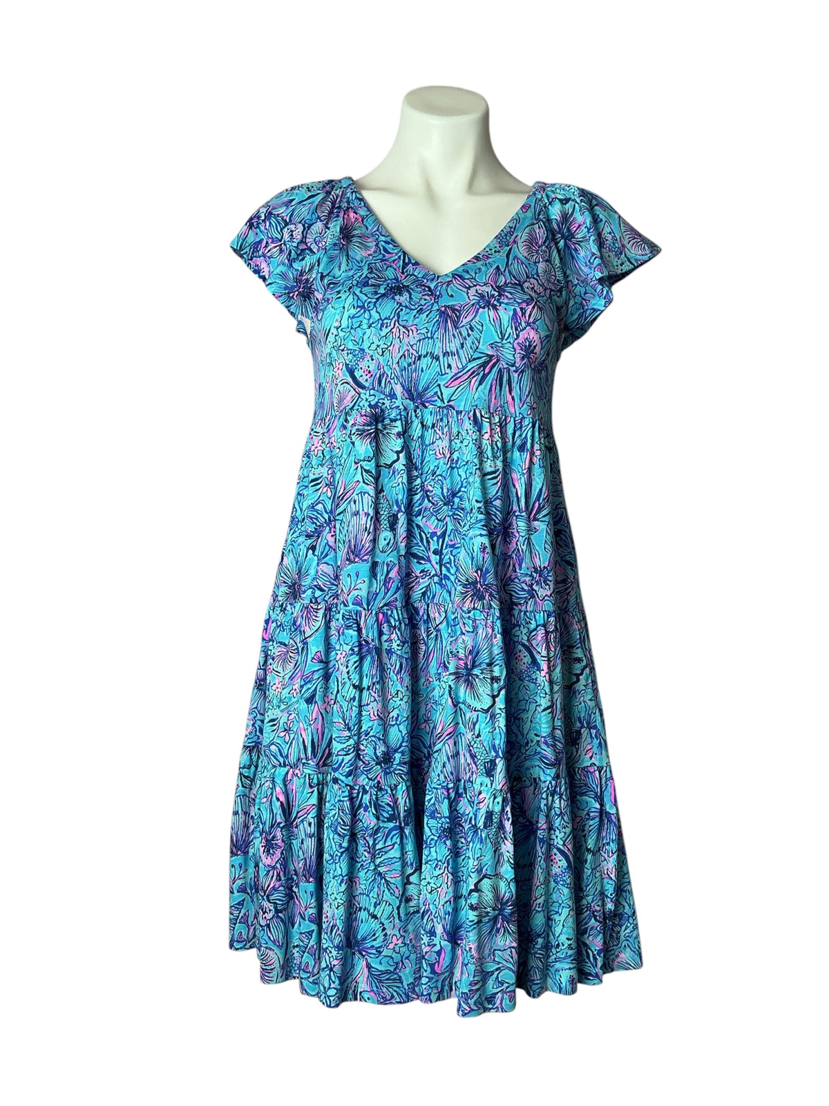 Lilly Pulitzer Kawai Flutter Sleeve Swing Dress Breakwater Blue Shells N Bells - Size XXS
