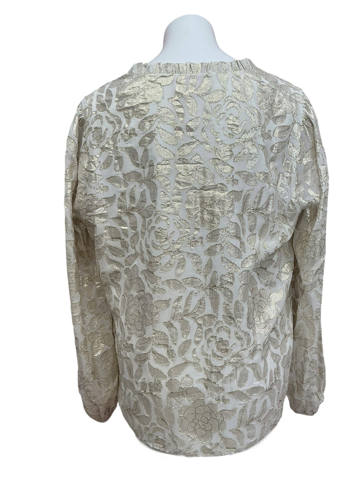 Lilly Pulitzer Giana Long Sleeve Silk Top Coconut Floral Bloom Metallic Silk Clip - Size XL