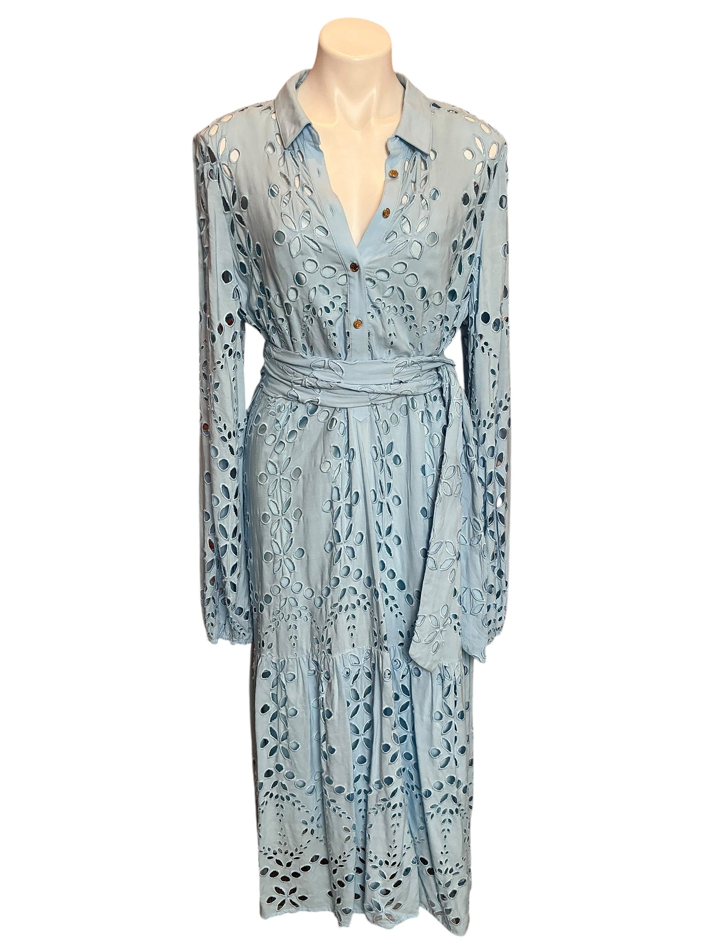 Lilly Pulitzer Zia Long Sleeve Eyelet Midi Shirtdress Hydra Blue Soirée Eyelet - Size 16