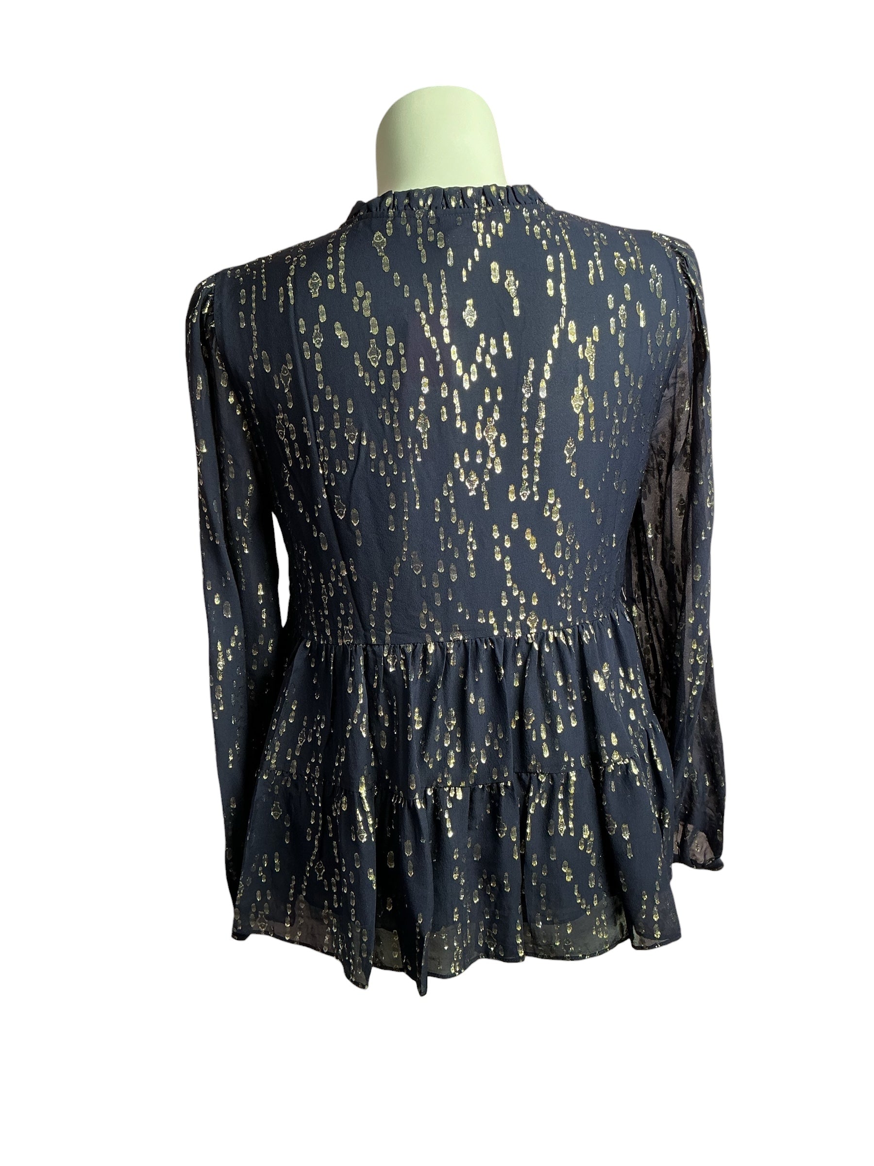 Lilly Pulitzer- NWT Sarita Long Sleeve Silk Top True Navy Fish Clip Chiffon Size 12