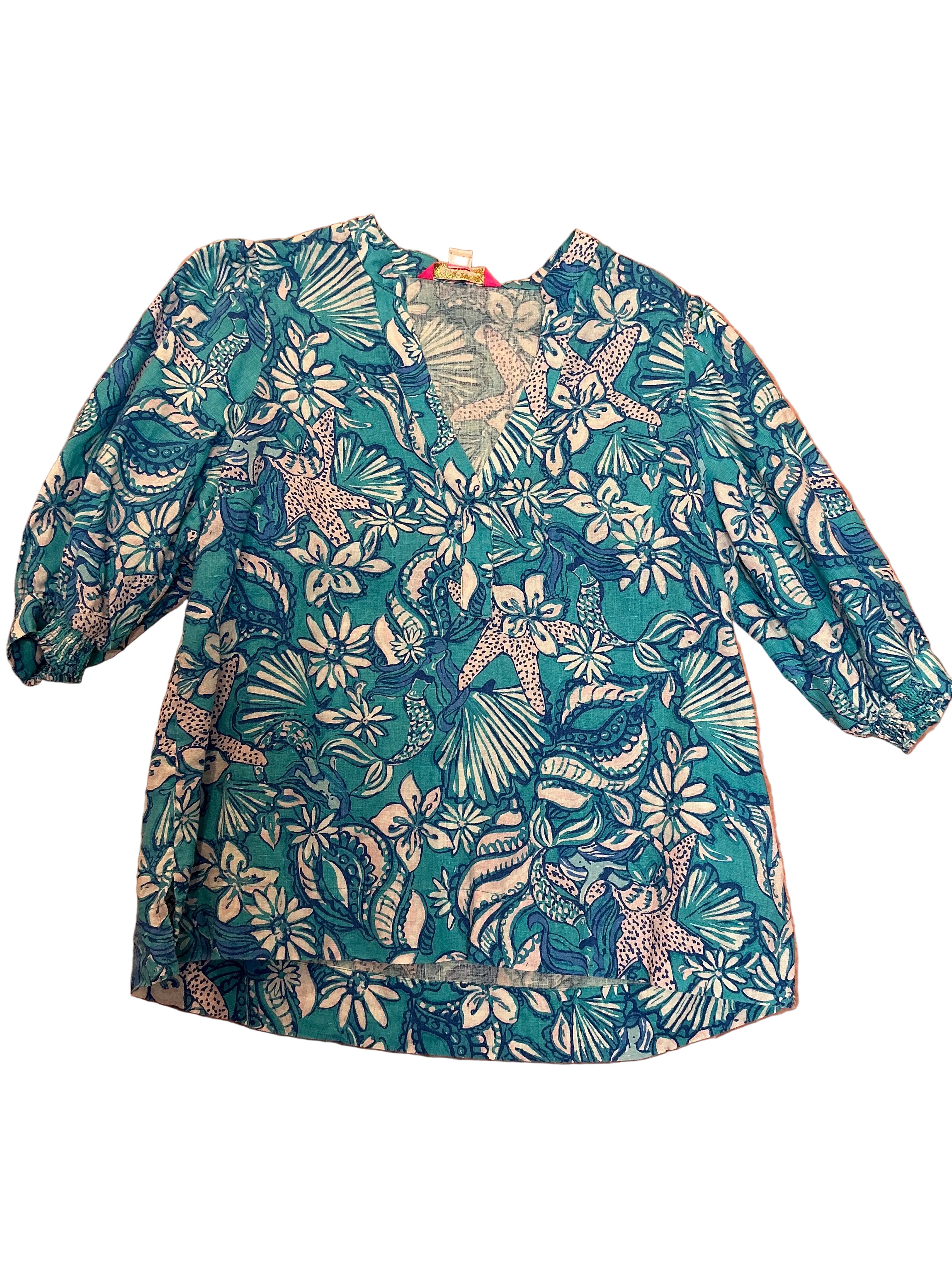 Lilly Pulitzer Maleigh Elbow Sleeve Linen Top Amalfi Blue - Size 0