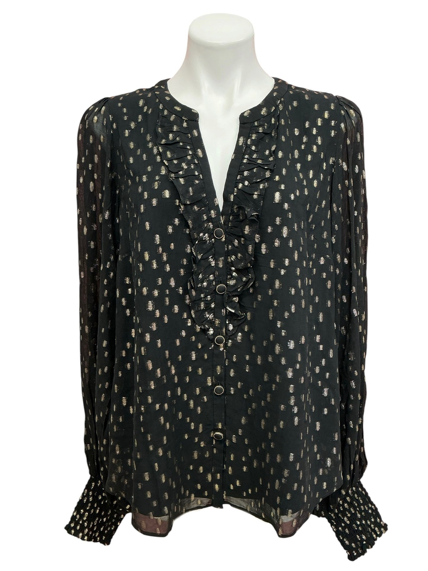 Lilly Pulitzer Angelika Ruffle Top Onyx Black Gold Metallic Chiffon - Size XL