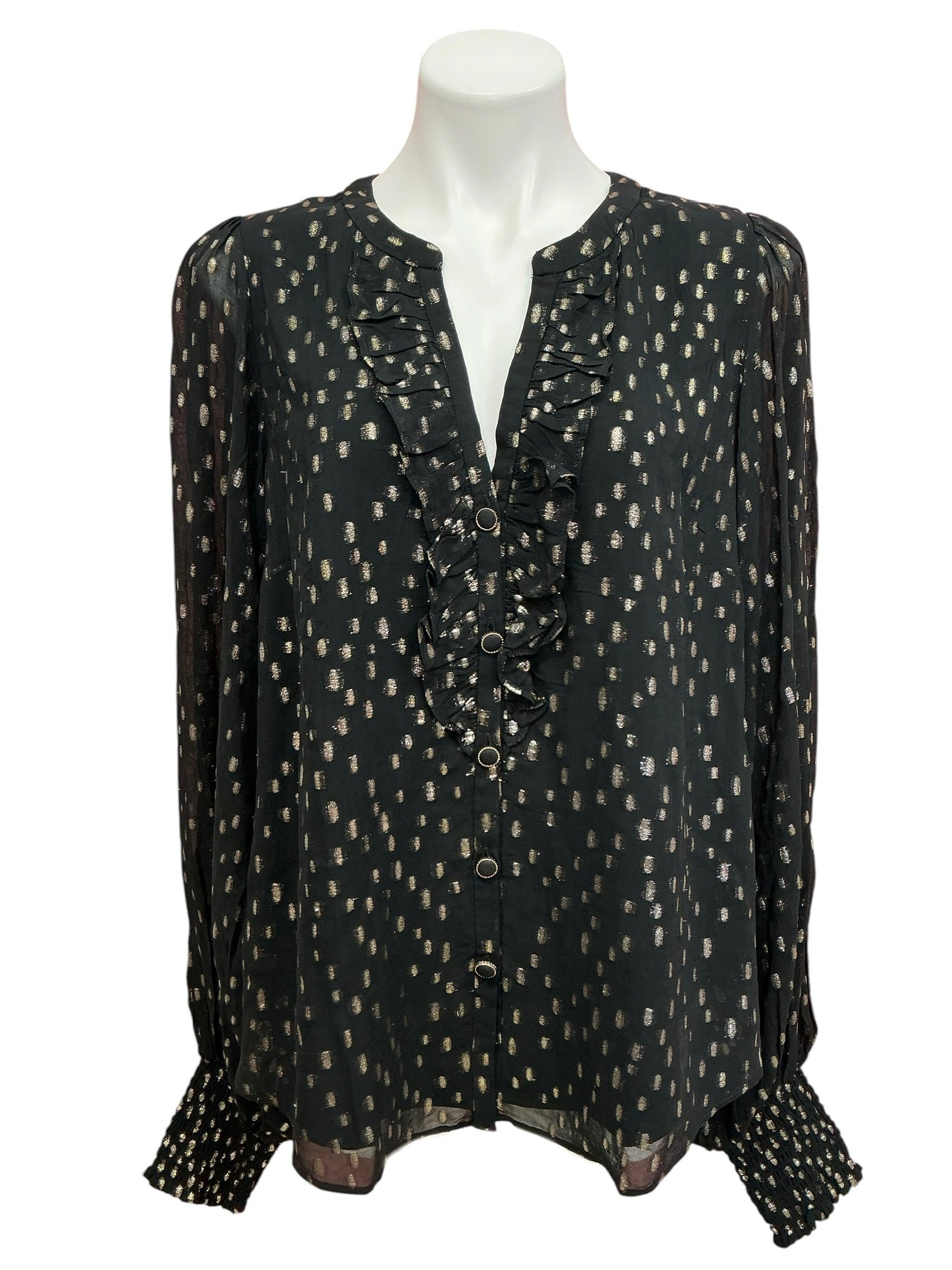 Lilly Pulitzer Angelika Ruffle Top Onyx Black Gold Metallic Chiffon - Size XL