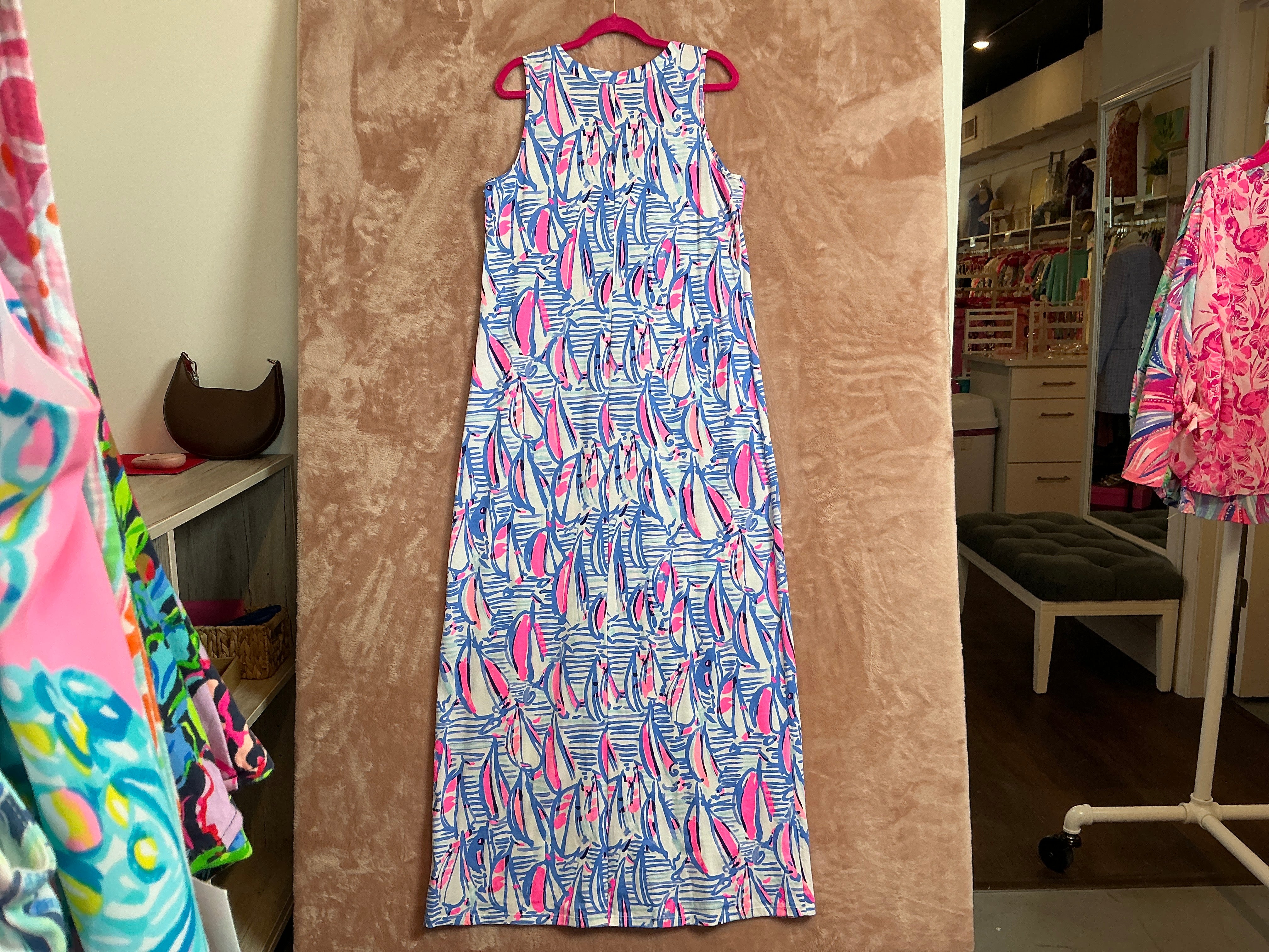 Lilly Pulitzer NWT Amina Maxi Dress Blue Haven Pop Up Red Right Return - Size L