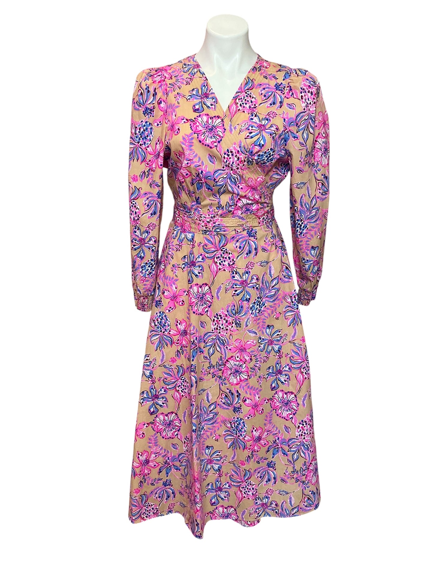 Lilly Pulitzer NWT Shiela 3/4 Sleeve Cotton Midi Wrap Dress Sand Bar Tropical With A Twist - Size 16