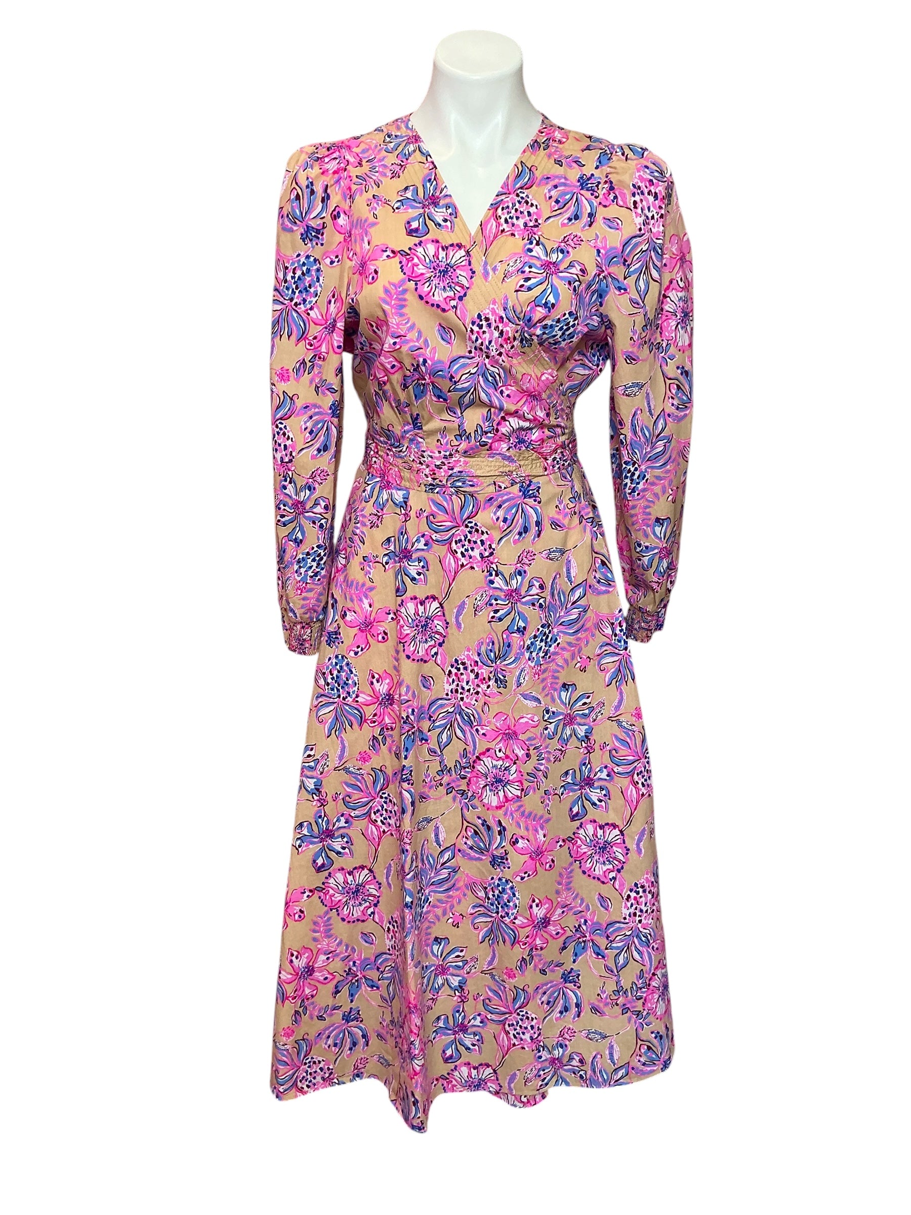 Lilly Pulitzer NWT Shiela 3/4 Sleeve Cotton Midi Wrap Dress Sand Bar Tropical With A Twist - Size 16