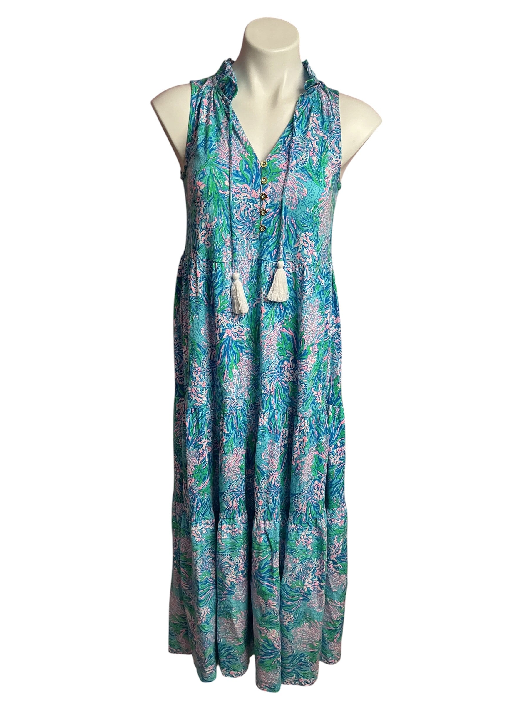 Lilly Pulitzer- Malone Maxi Dress Las Olas Aqua Strong Current Sea Size XXS
