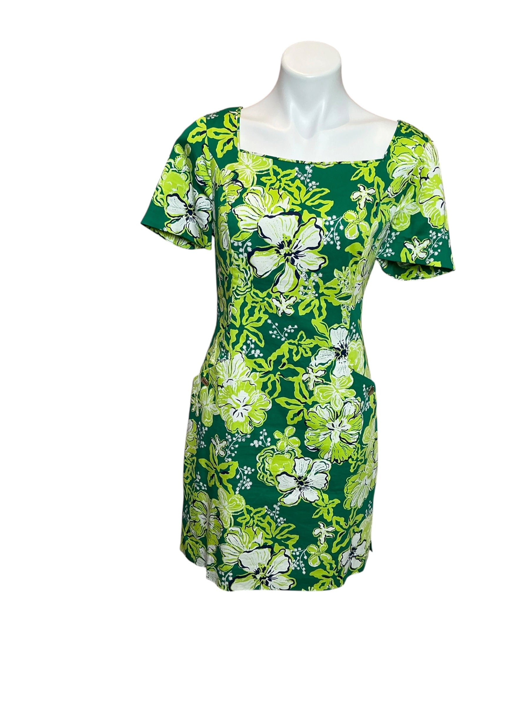 Lilly Pulitzer Short Sleeved Lilly Shift Dress Fiddle-Leaf Green Once and Floral - Size 8