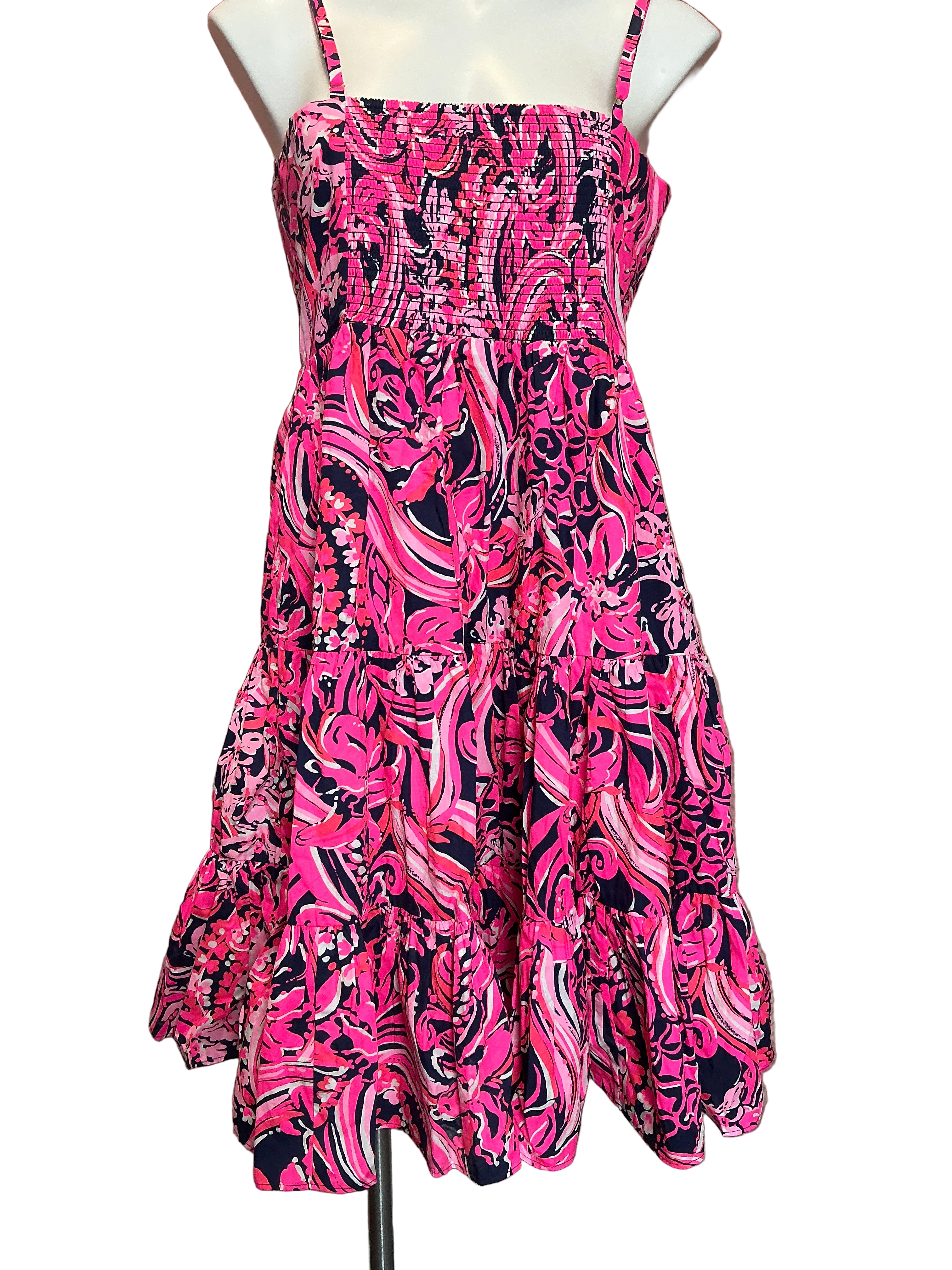 Lilly Pulitzer Adalia Knee Length Cotton Dress Low Tide Navy Flirty Fins and Feathers Size 12