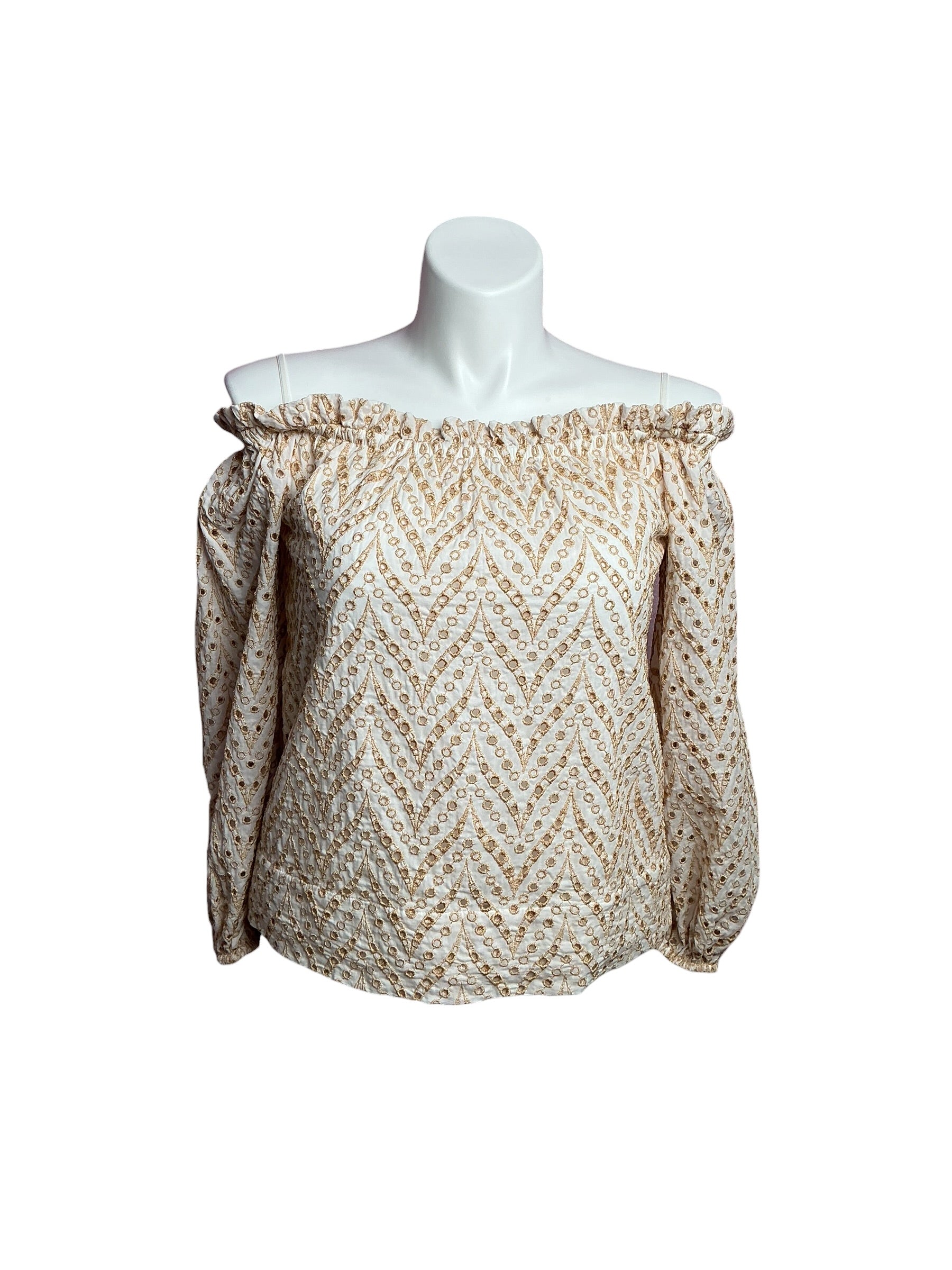 Lilly Pulitzer- Aimes Off-The-Shoulder Eyelet Top Sand Bar Mermaid Tail Metallic Eyelet Size M