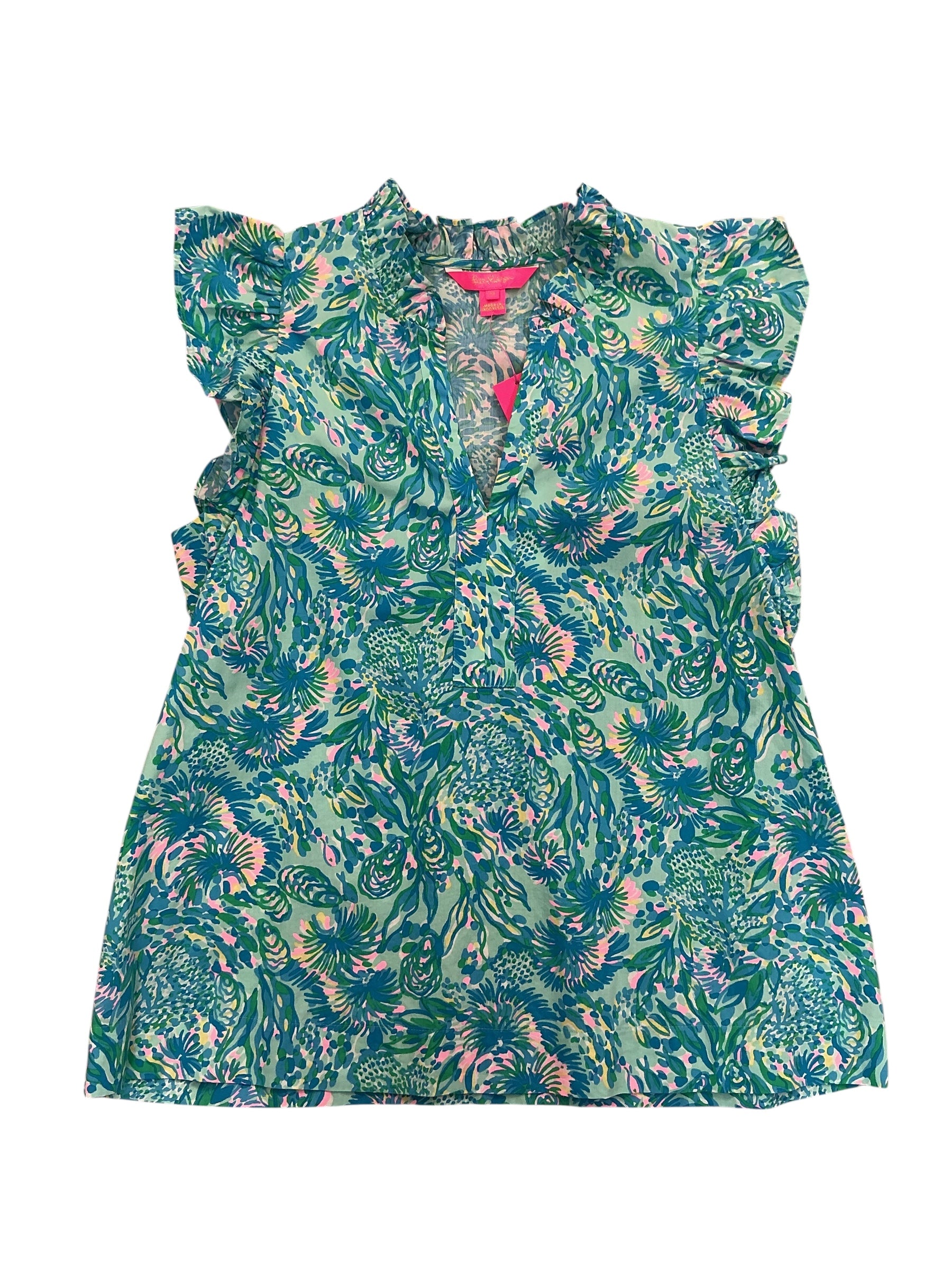 Lilly Pulitzer NWT Klaudie Ruffle Sleeve Top Surf Blue Coral Of The Story - Size M